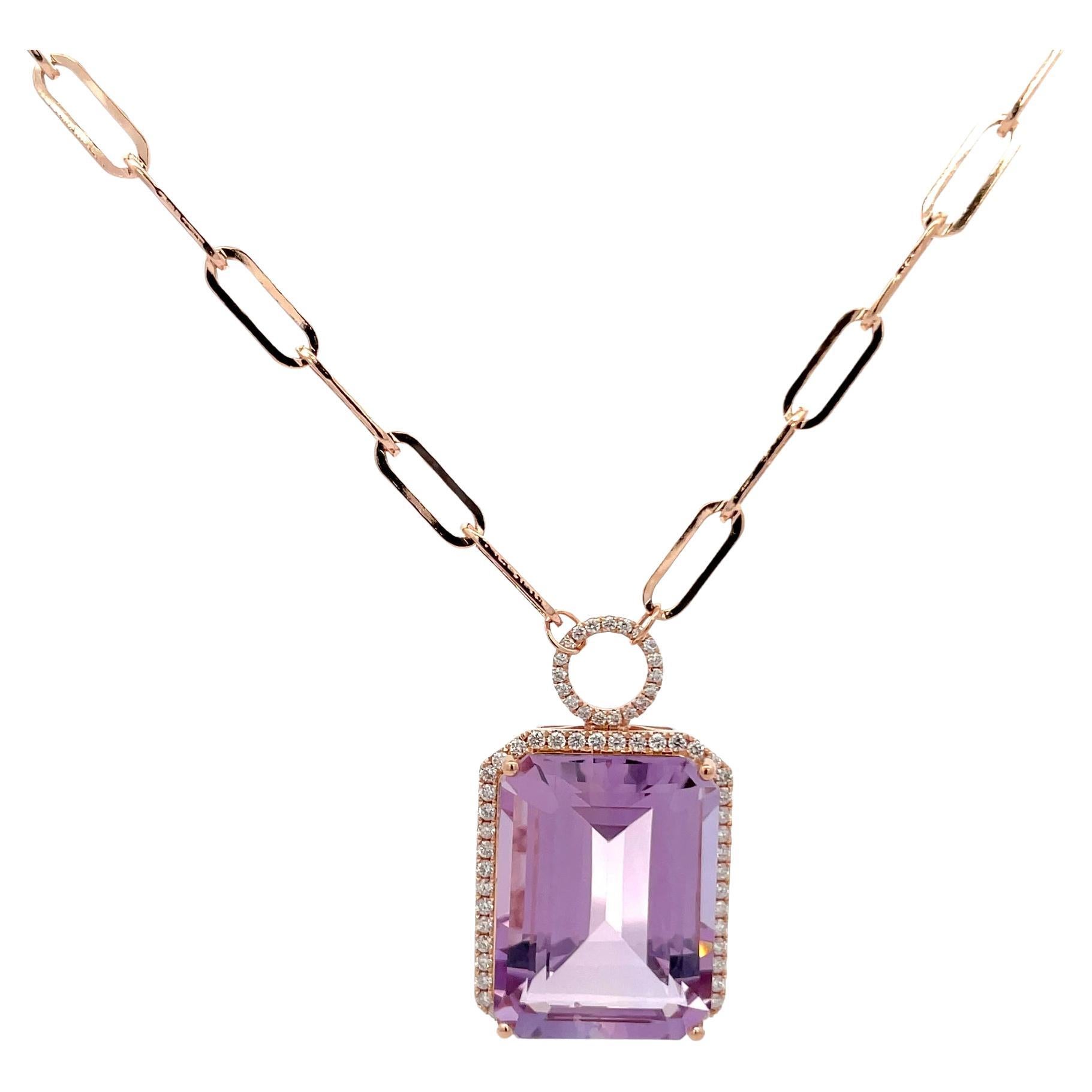 Rose De France Diamond Halo Paperclip Pendant Necklace 22.60 Carats 14KT Gold For Sale