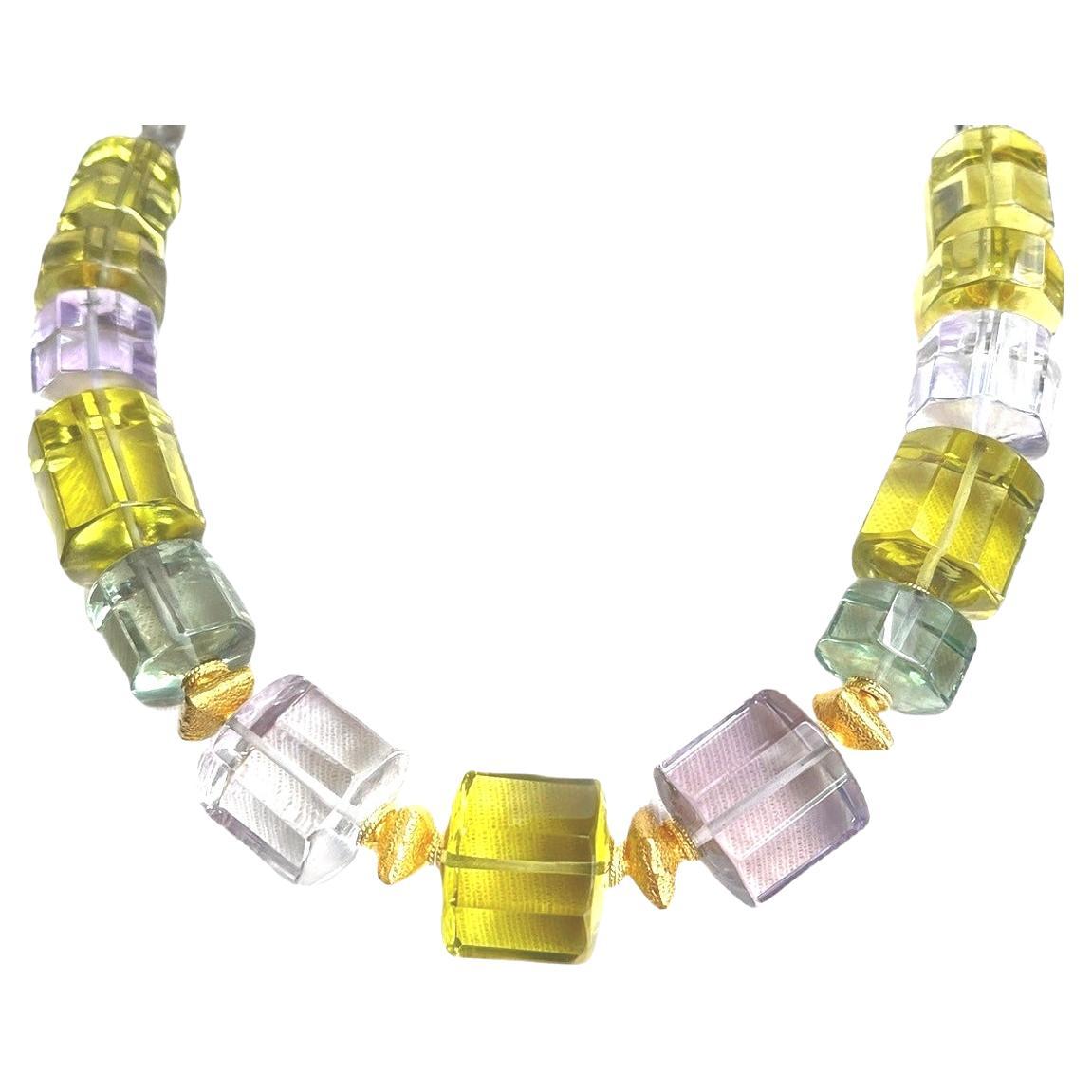 This stunning quartz necklace features a gorgeous collection of colorful Rose de France amethyst, green prasiolite, and lemon yellow citrine, beautifully arranged with 18k yellow gold accents. Prasiolite is an unusual color of quartz, and its sea