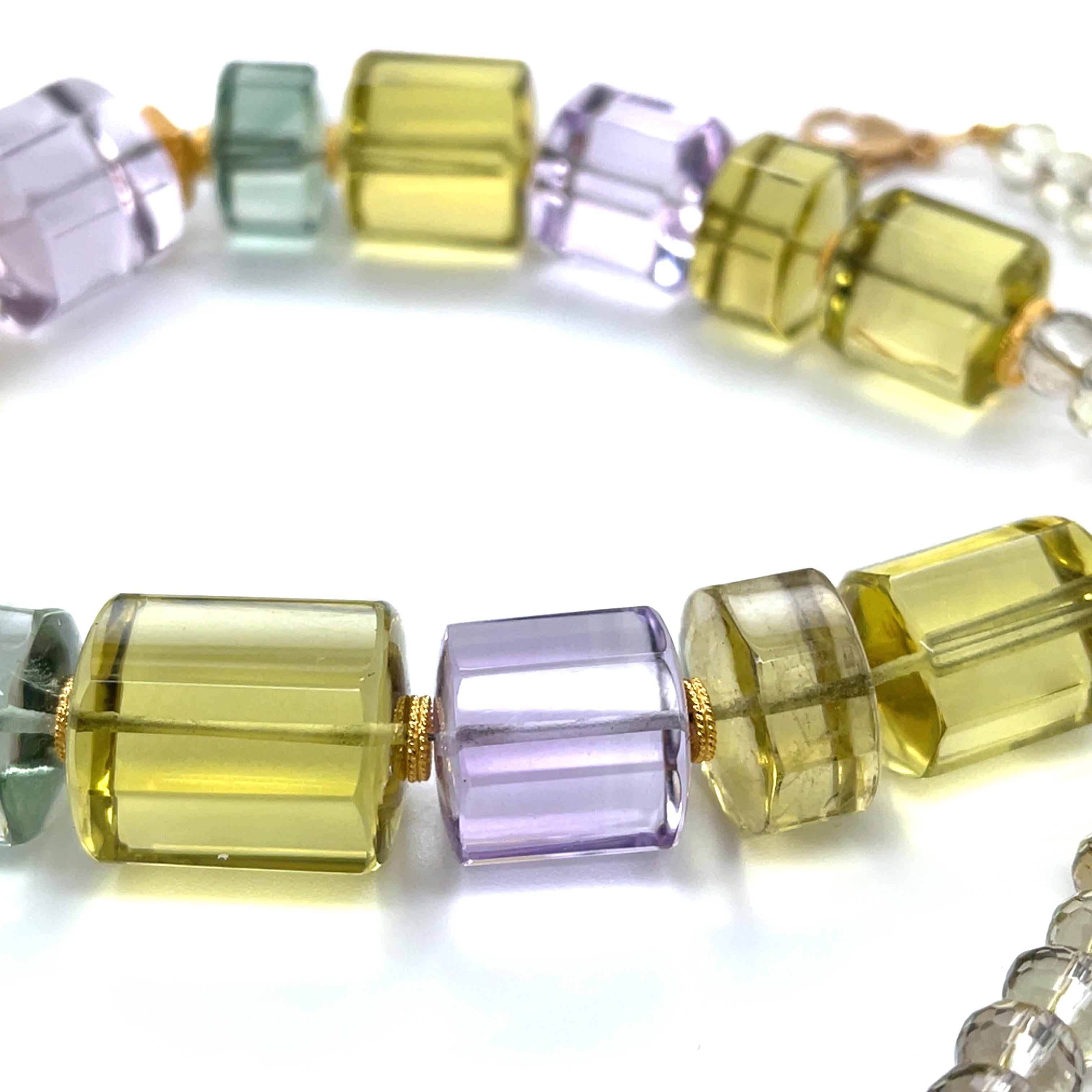 Artigiano Rose de France, Prasiolite, and Lemon Quartz Necklace with 18k Gold Accents in vendita
