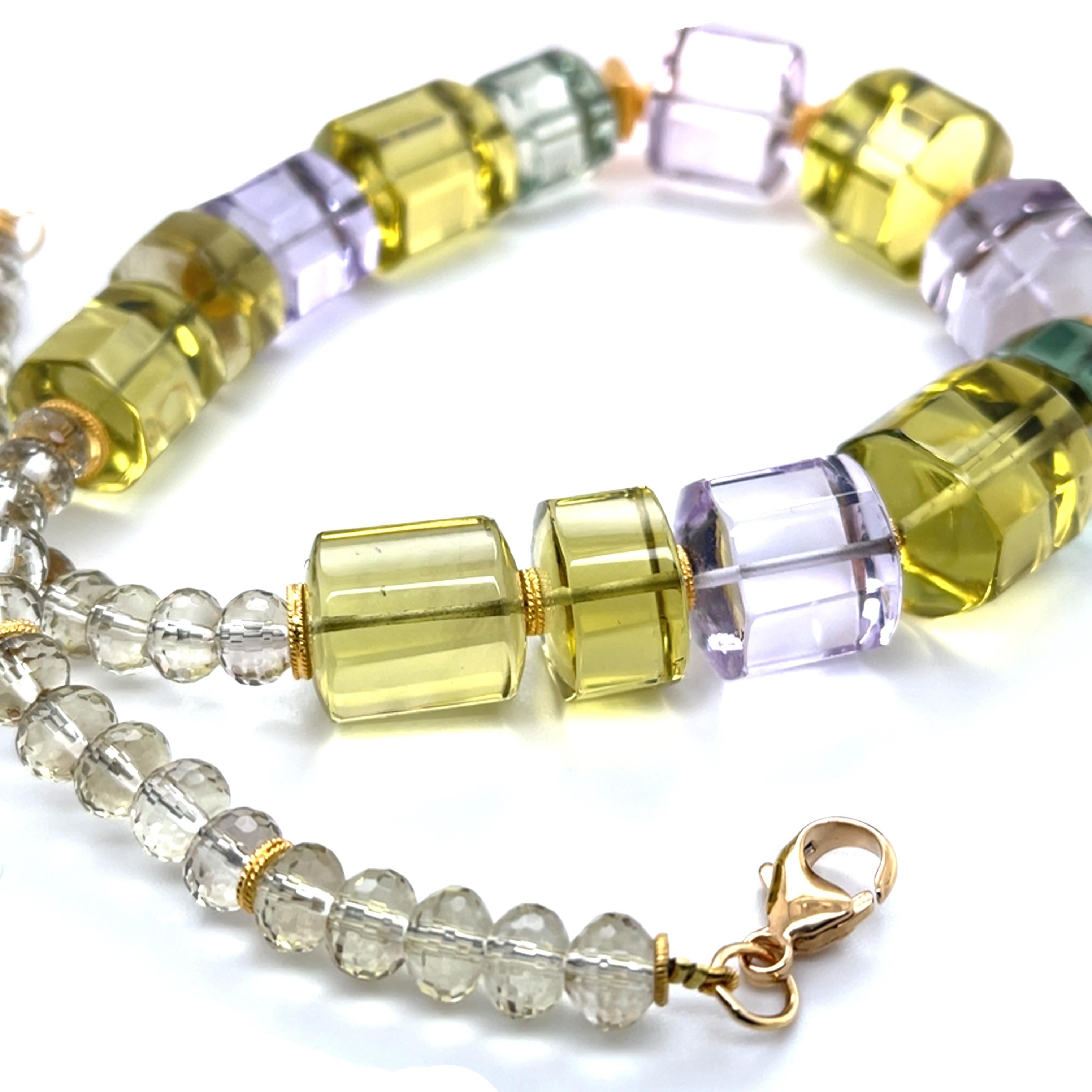 Perlina Rose de France, Prasiolite, and Lemon Quartz Necklace with 18k Gold Accents in vendita