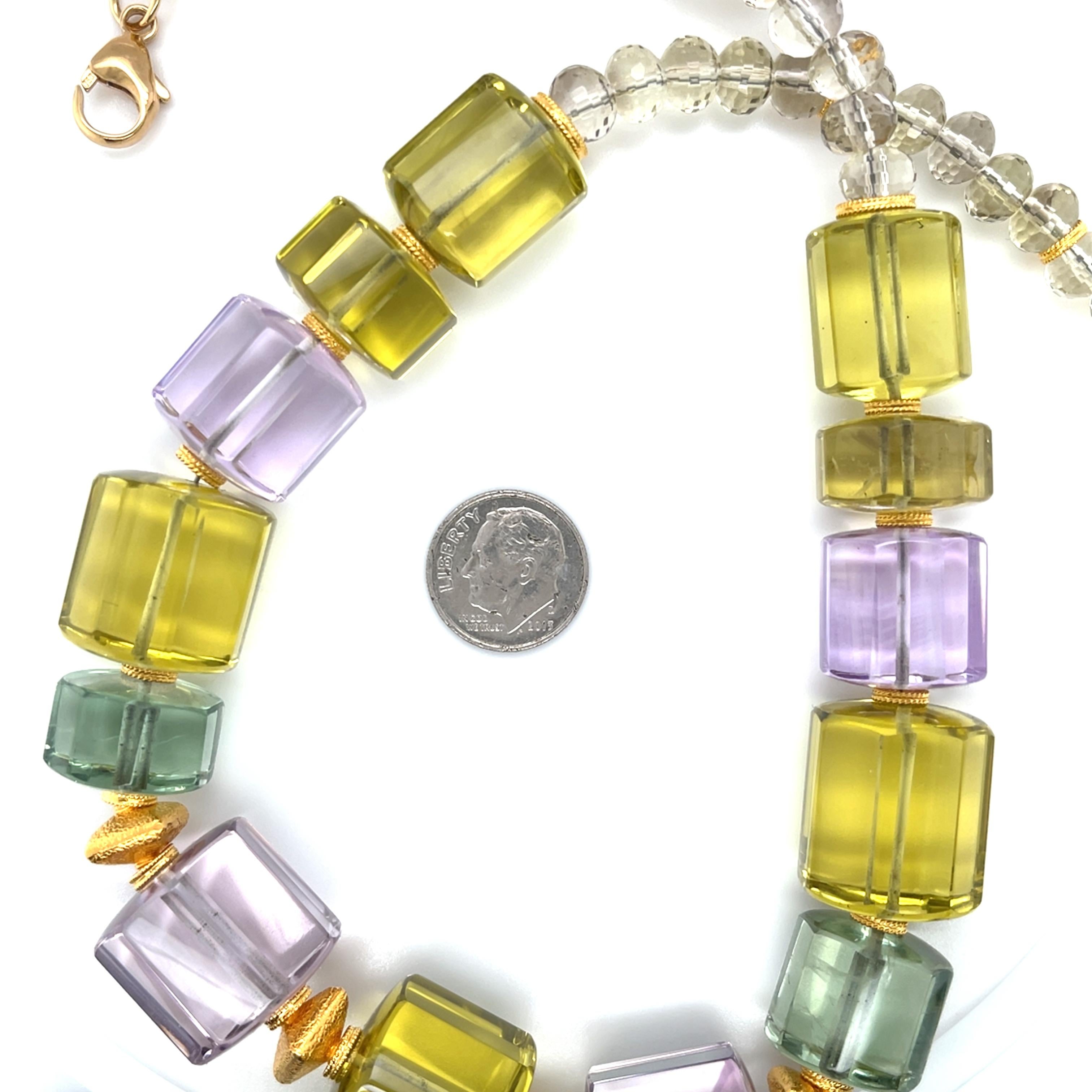 Rose de France, Prasiolite, and Lemon Quartz Necklace with 18k Gold Accents In condizioni Nuovo in vendita a Los Angeles, CA