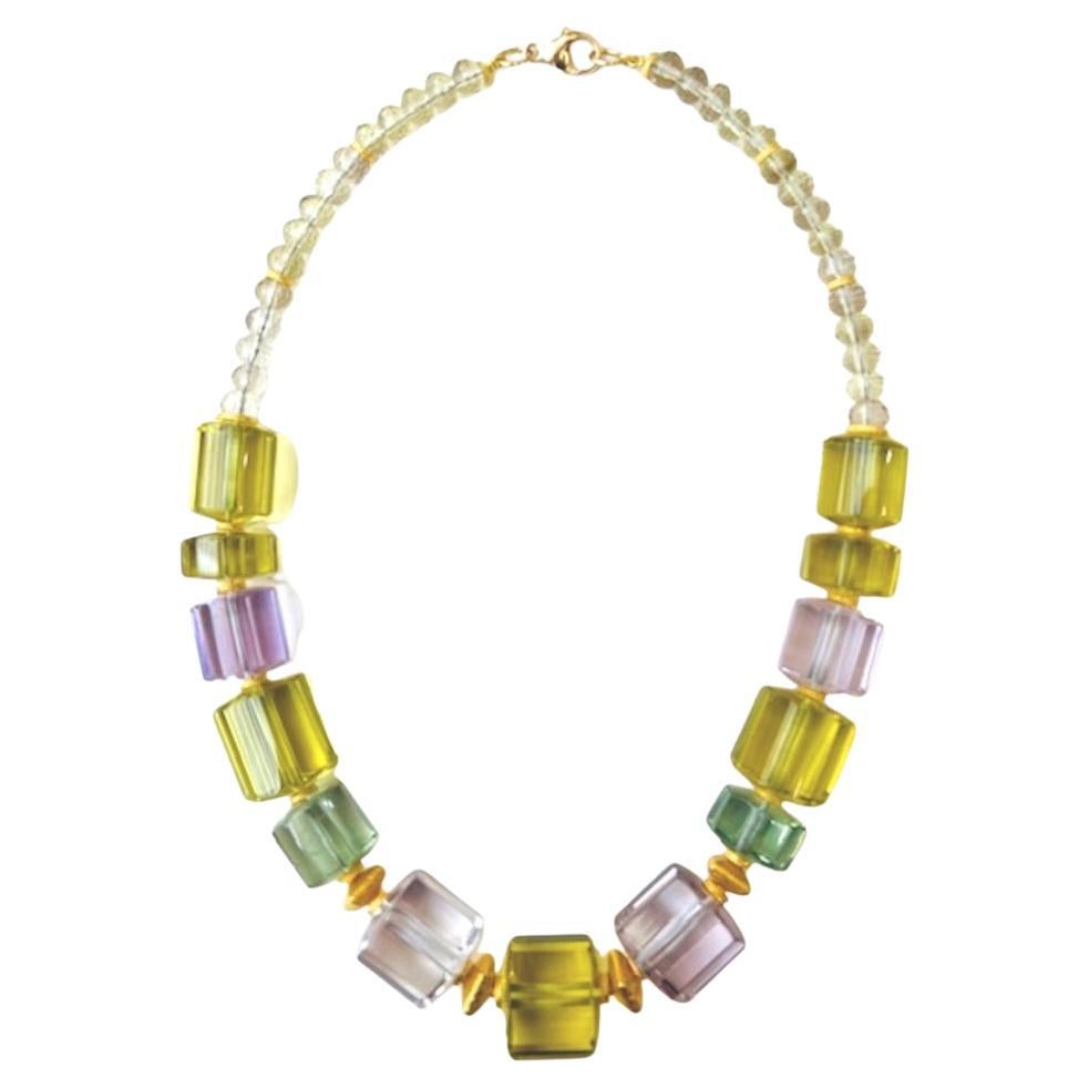 Rose de France, Prasiolite, and Lemon Quartz Necklace with 18k Gold Accents