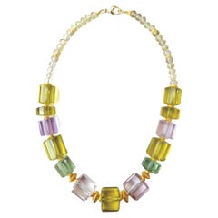 Rose de France, Prasiolite, and Lemon Quartz Necklace with 18k Gold Accents