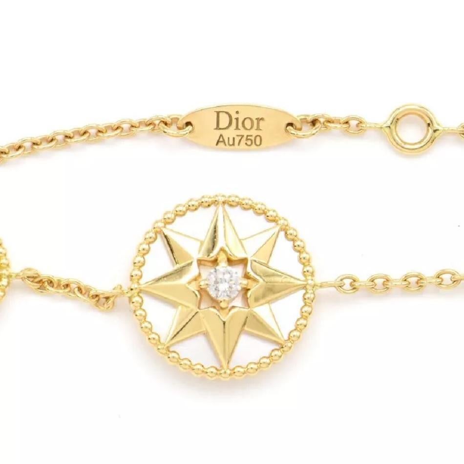 Brand Dior 
Yellow Gold, Diamonds and MOP
Diamonds 0.06ct
Motif Diameter 12mm X 8mm 
Bracelet Length 7'' Long
Bracelet Weight 3.5gr
Condition New, never worn
Scope of Delivery No Box, No Papers
Retail price$ 4,150