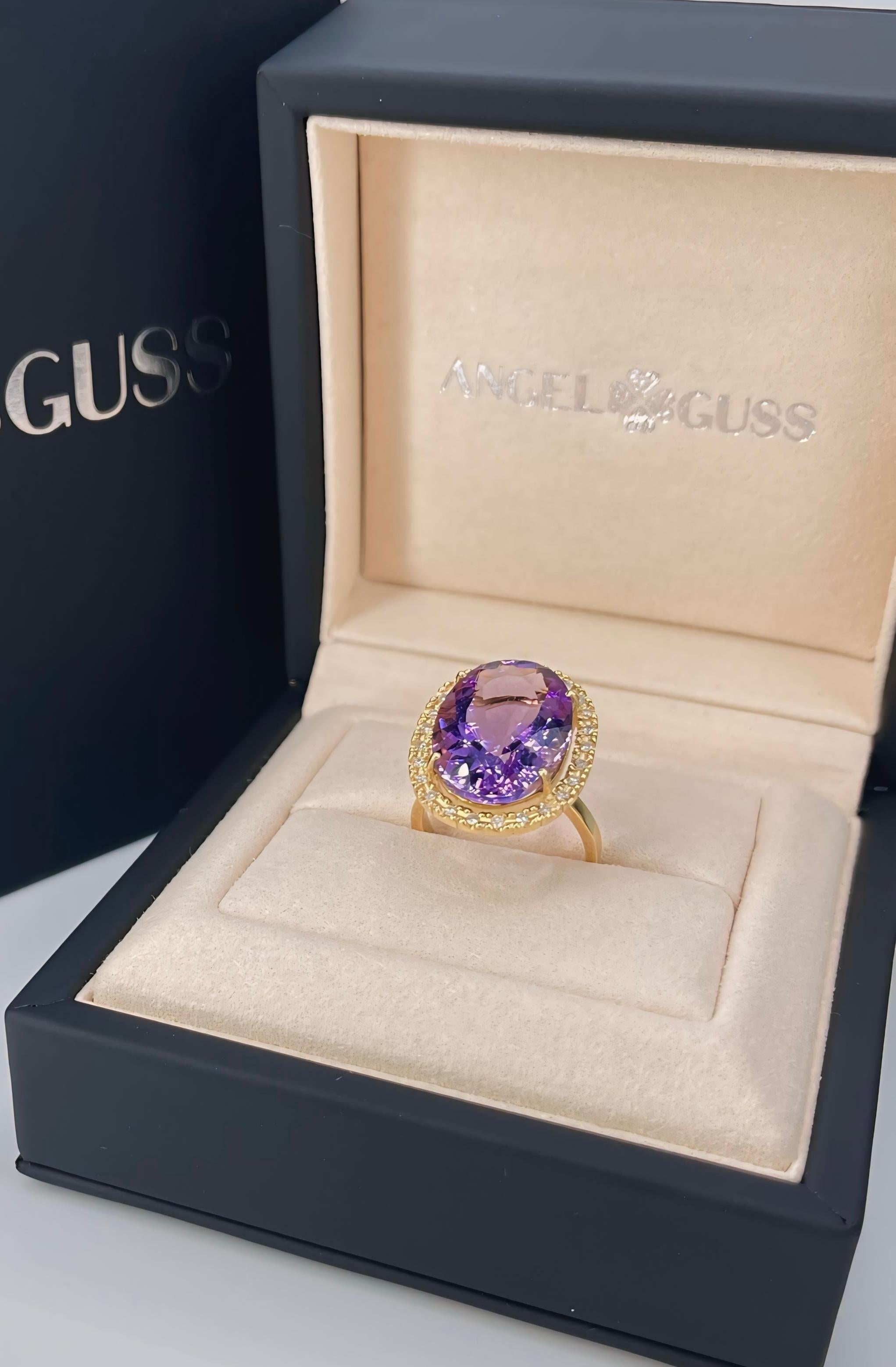 18K Solid Yellow Gold 

Natural Amethyst Gemstone: Oval Shape, Size 13x18mm, 17CT, Rose D'France Color

Natural Diamond: Round shape, Brilliant Cut, 1.25mm/each

Indulge in the timeless elegance of this  Rose D'France Amethyst & Diamond Ring,