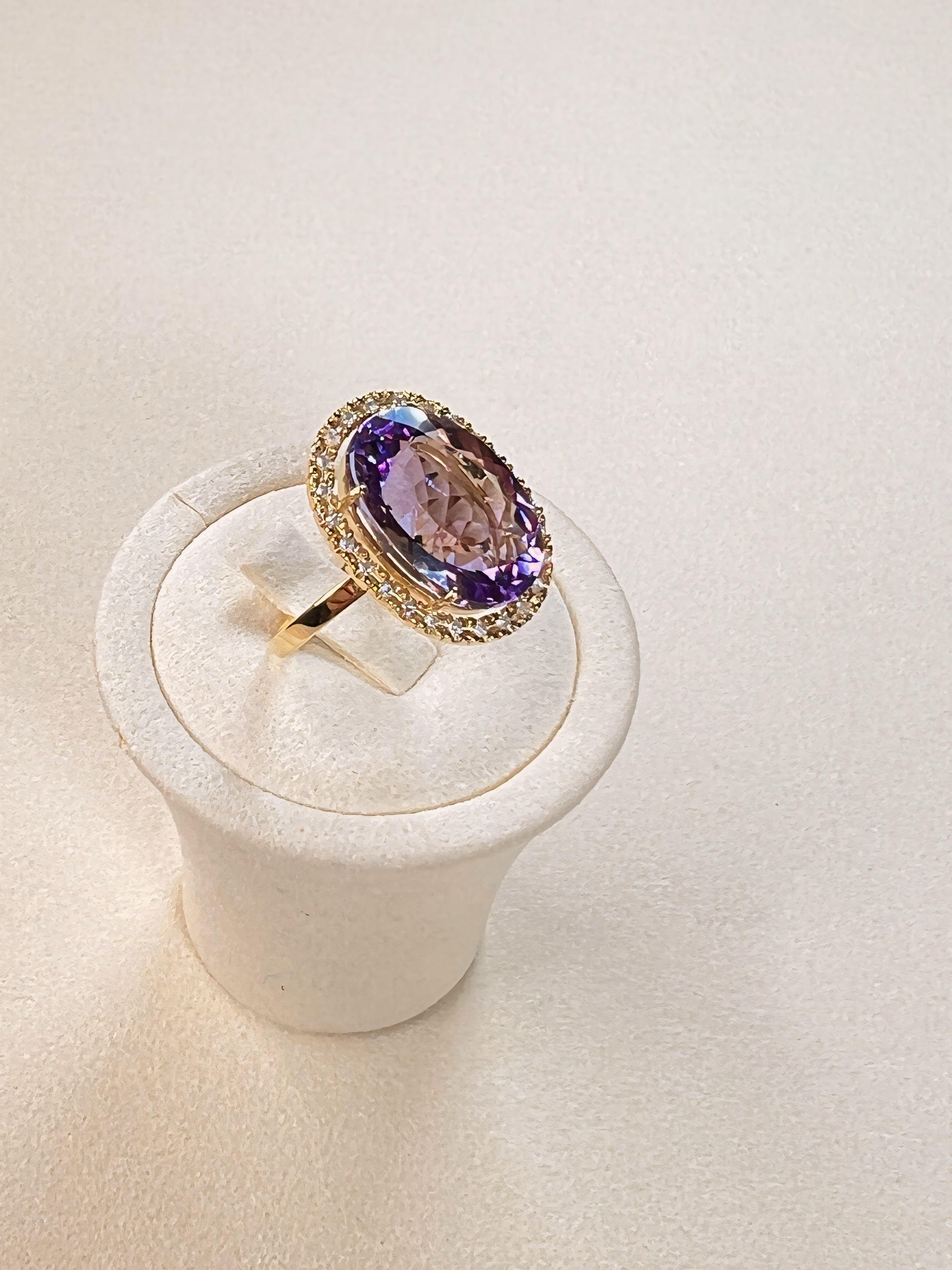 Oval Cut Rose D'France Amethyst & Diamond Ring - 18k Solid Gold For Sale