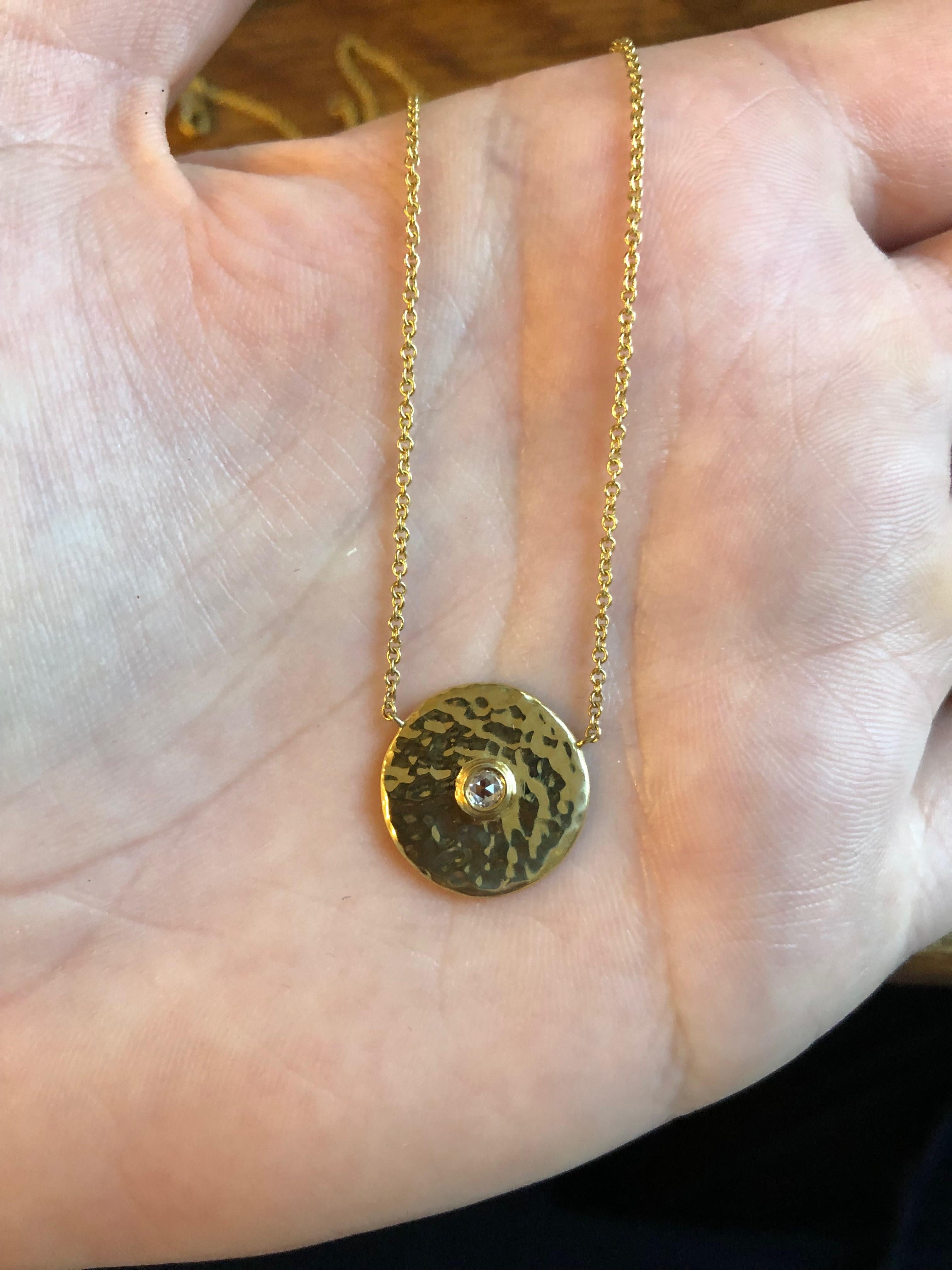 Rose Diamond and 18 Karat Gold Hammered Pendant Necklace In New Condition For Sale In Berkeley, CA