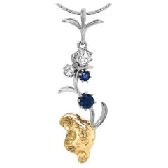 "Rose Drop" Pendant with Sapphires & Old Cut Diamonds on Chain in Mixed Gold