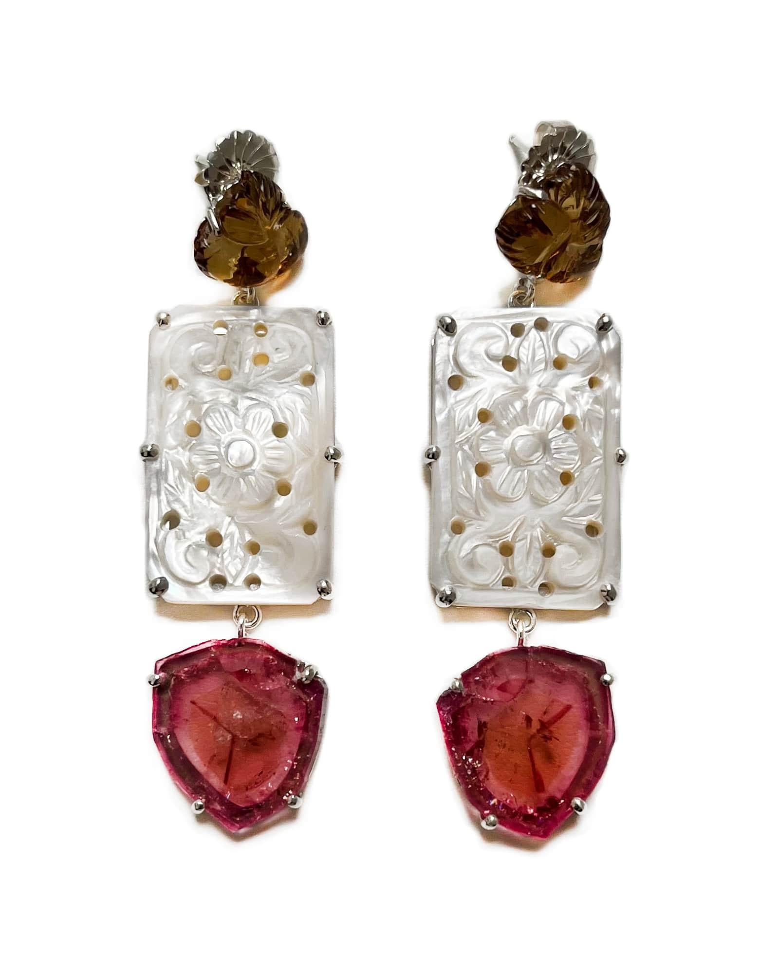 Ohrringe aus cognacfarbenem Quarz, Perlmutt, rosa Turmalin, Silber (Rosenschliff) im Angebot