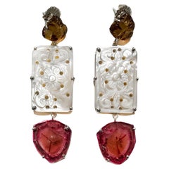 Rose Earrings in Cognac Quartz, Mother of Pearl, Pink Tourmaline, Silver