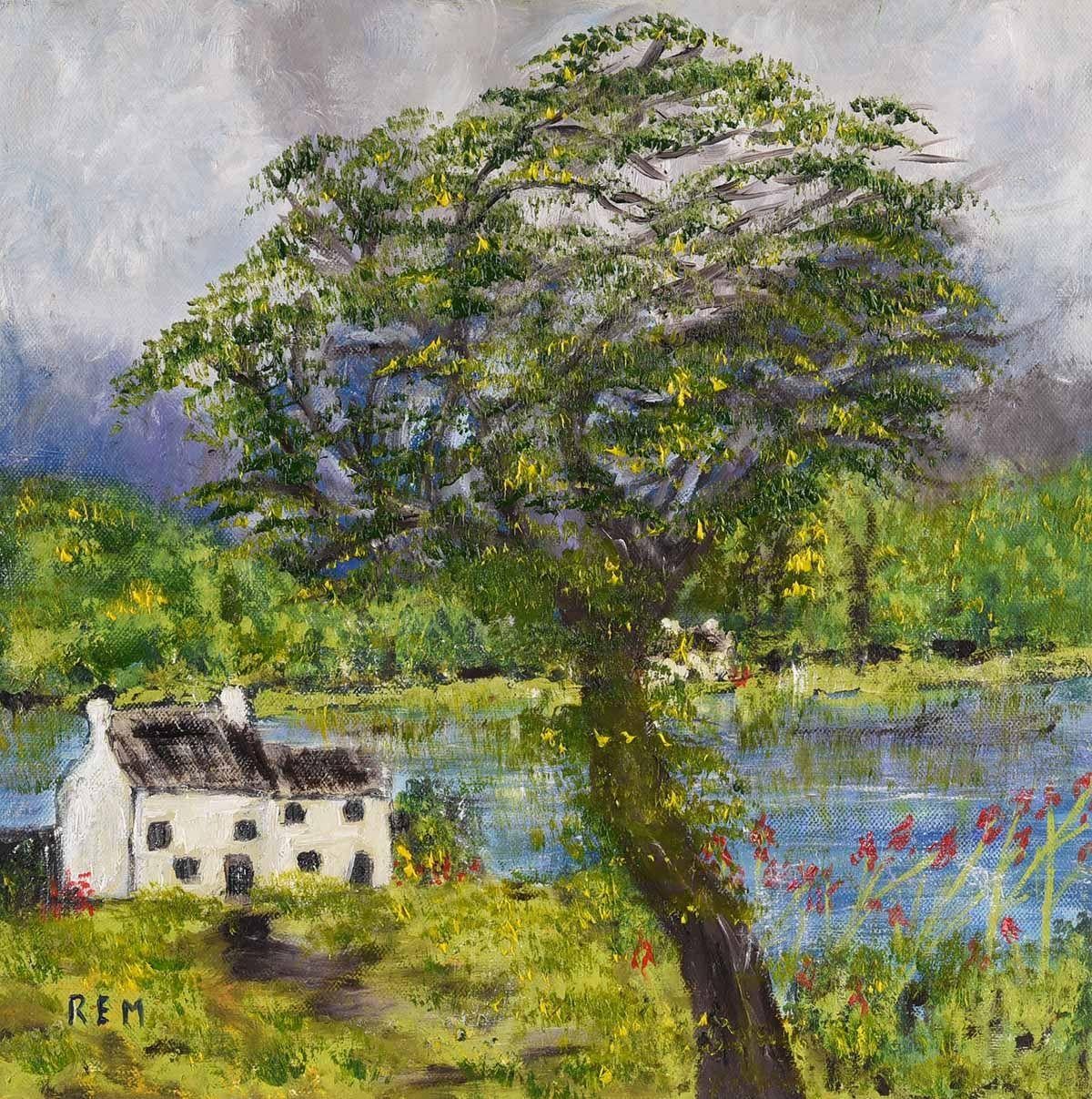Paysage abstrait avec ferme et arbre en Irlande par un artiste britannique - Gris Abstract Painting par Rose Elizabeth Moorcroft