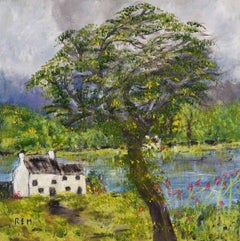 Paisaje abstracto con granja y árbol en Irlanda por un artista británico