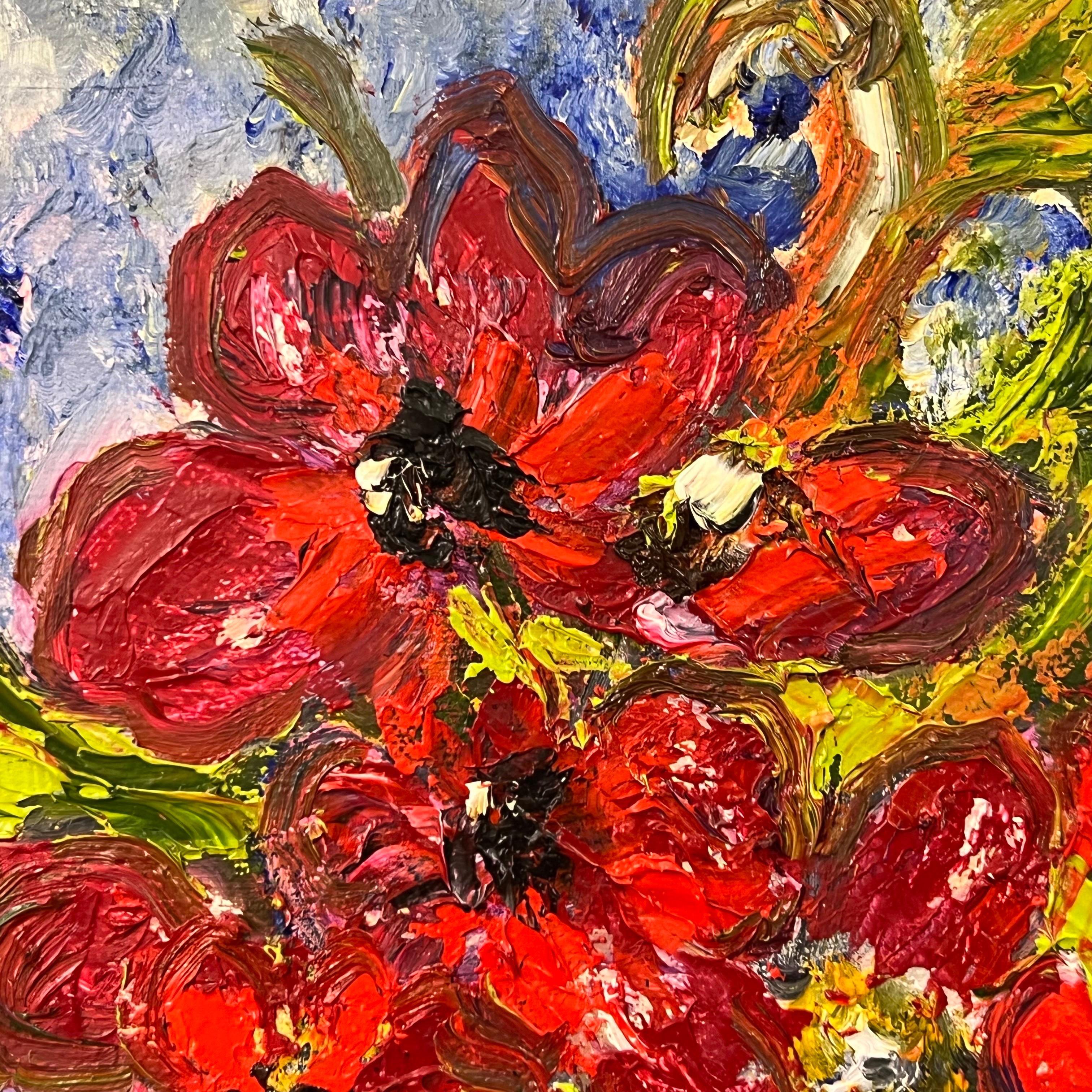 Expressive Still Life Painting Red Rose Flowers 'Red for Love' by British Artist For Sale 6