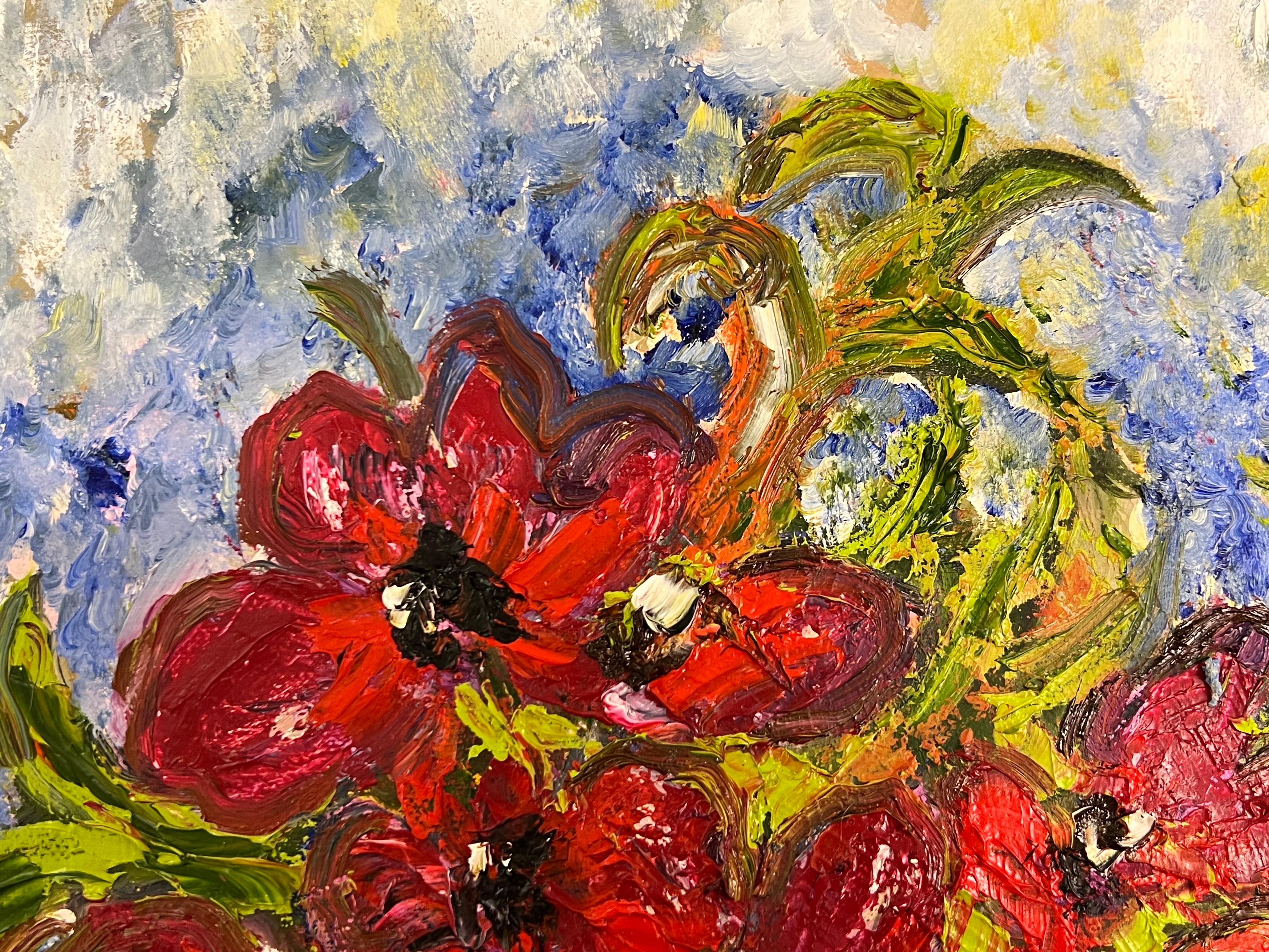 Expressive Still Life Painting Red Rose Flowers 'Red for Love' by British Artist For Sale 7