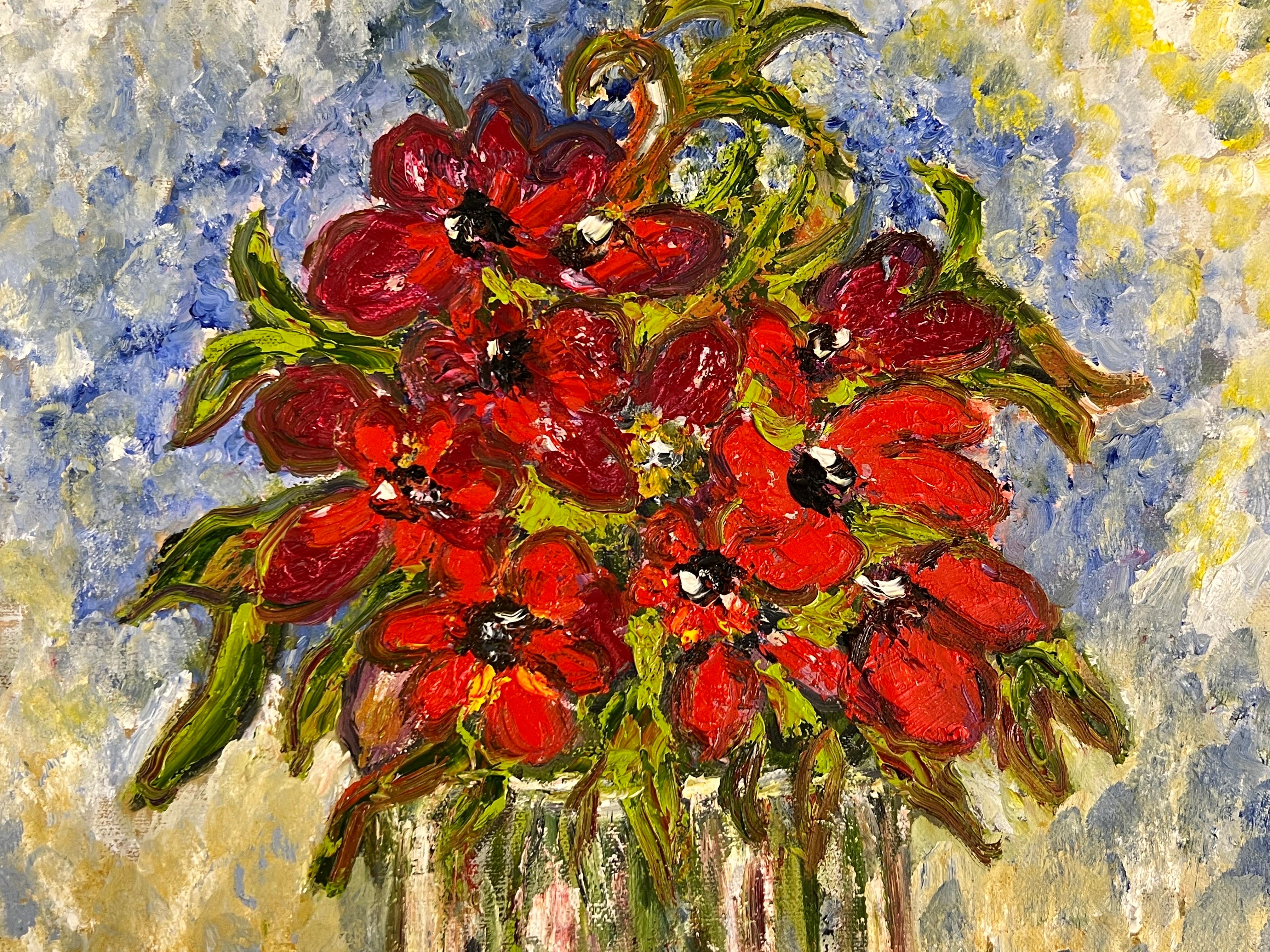 Expressive Still Life Painting Red Rose Flowers 'Red for Love' by British Artist For Sale 8