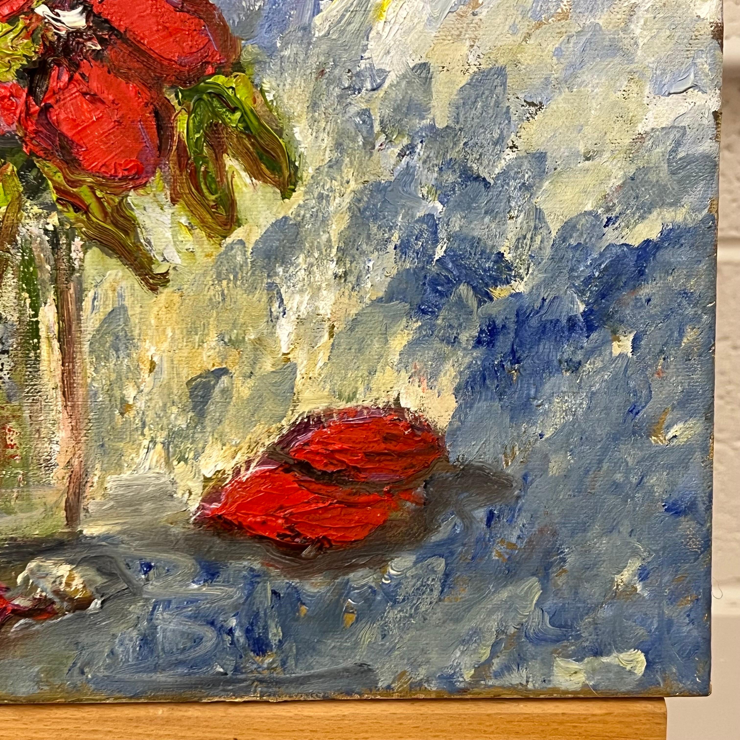 Expressive Still Life Painting Red Rose Flowers 'Red for Love' by British Artist For Sale 2