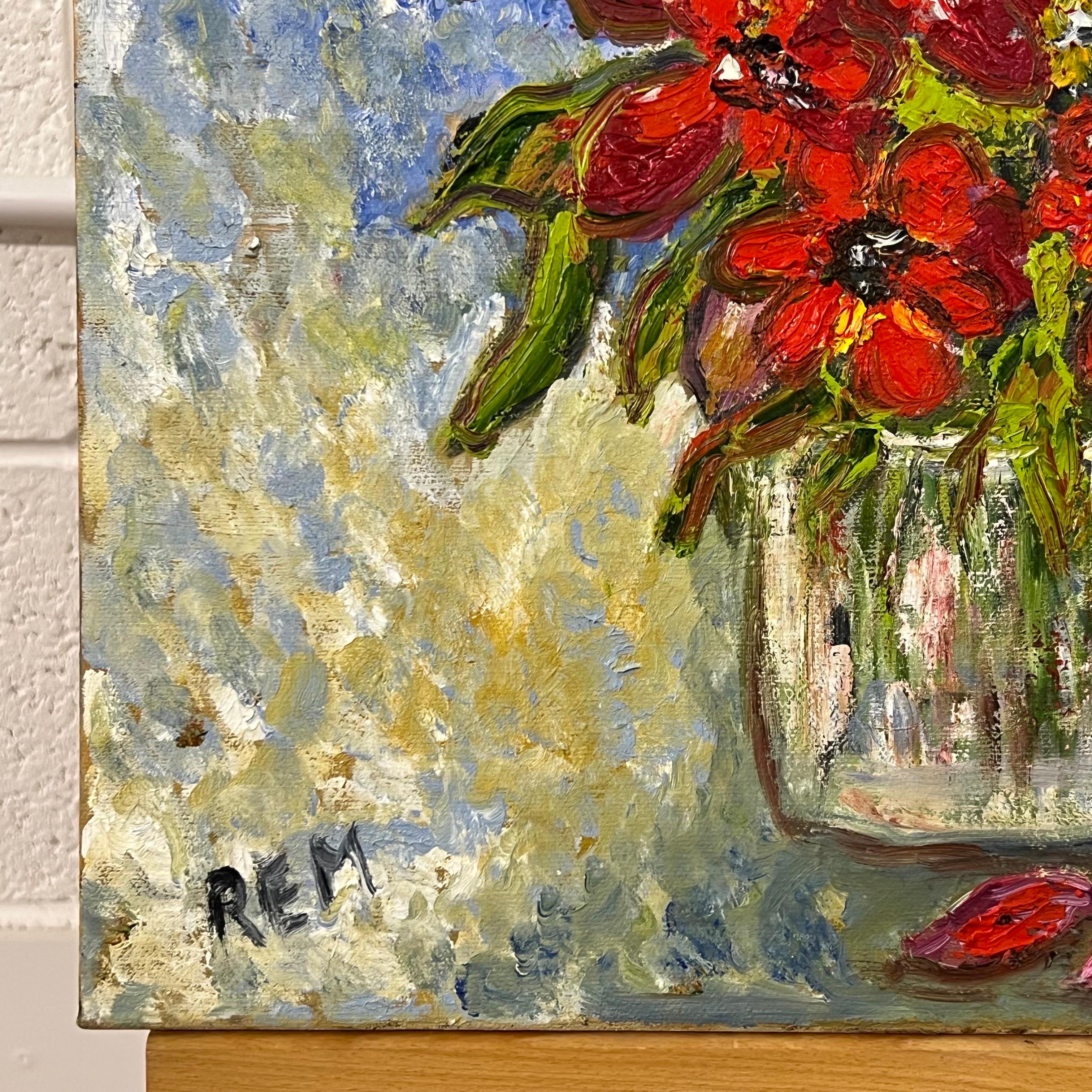 Expressive Still Life Painting Red Rose Flowers 'Red for Love' by British Artist For Sale 3