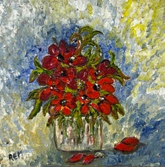 Expressionistisches Stillleben, Gemälde mit roten Rosenblumen „Roségold für Liebe“ des britischen Künstlers