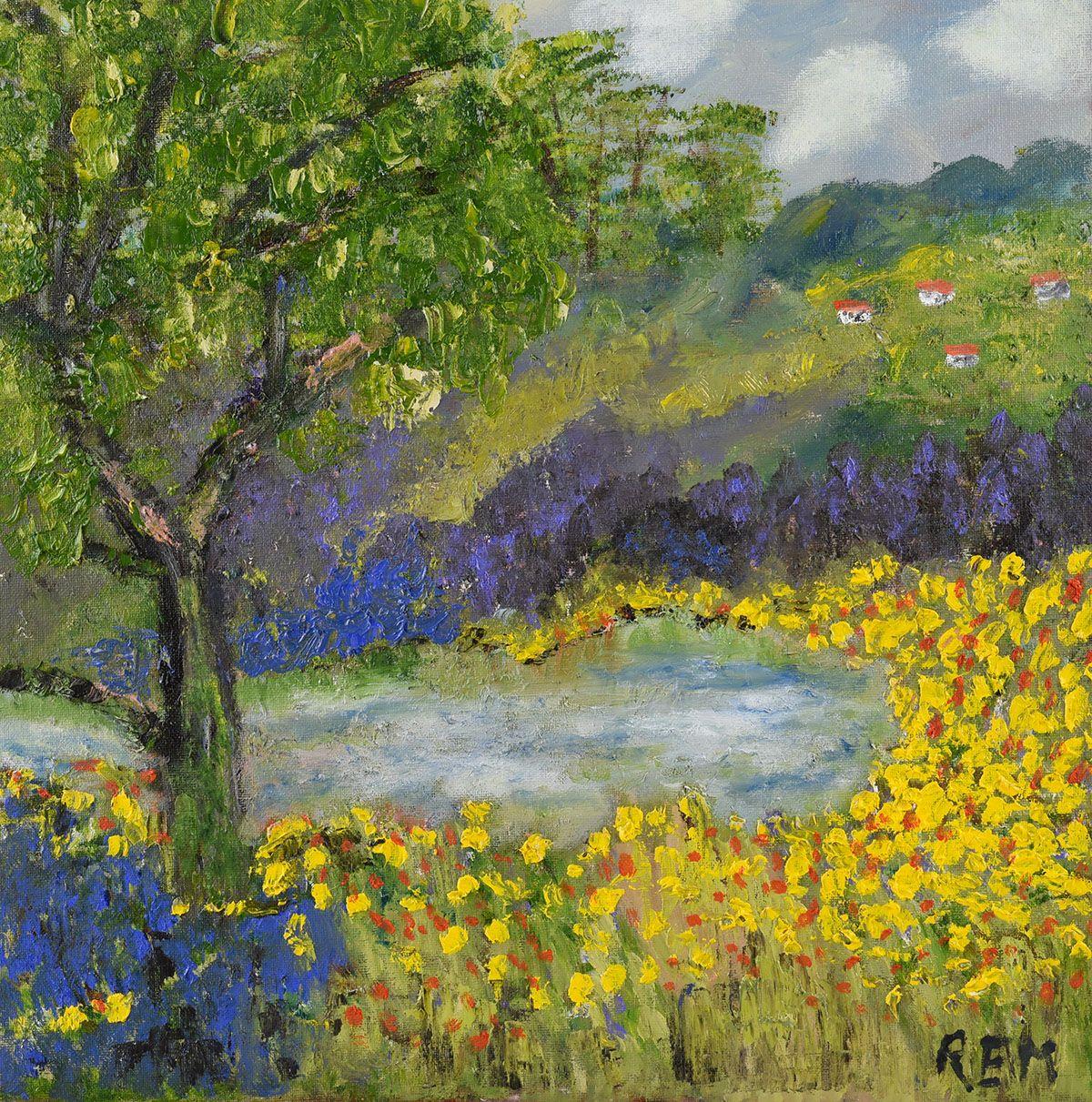 Paysage abstrait de jardin de printemps avec fleurs et arbre jaunes par artiste britannique