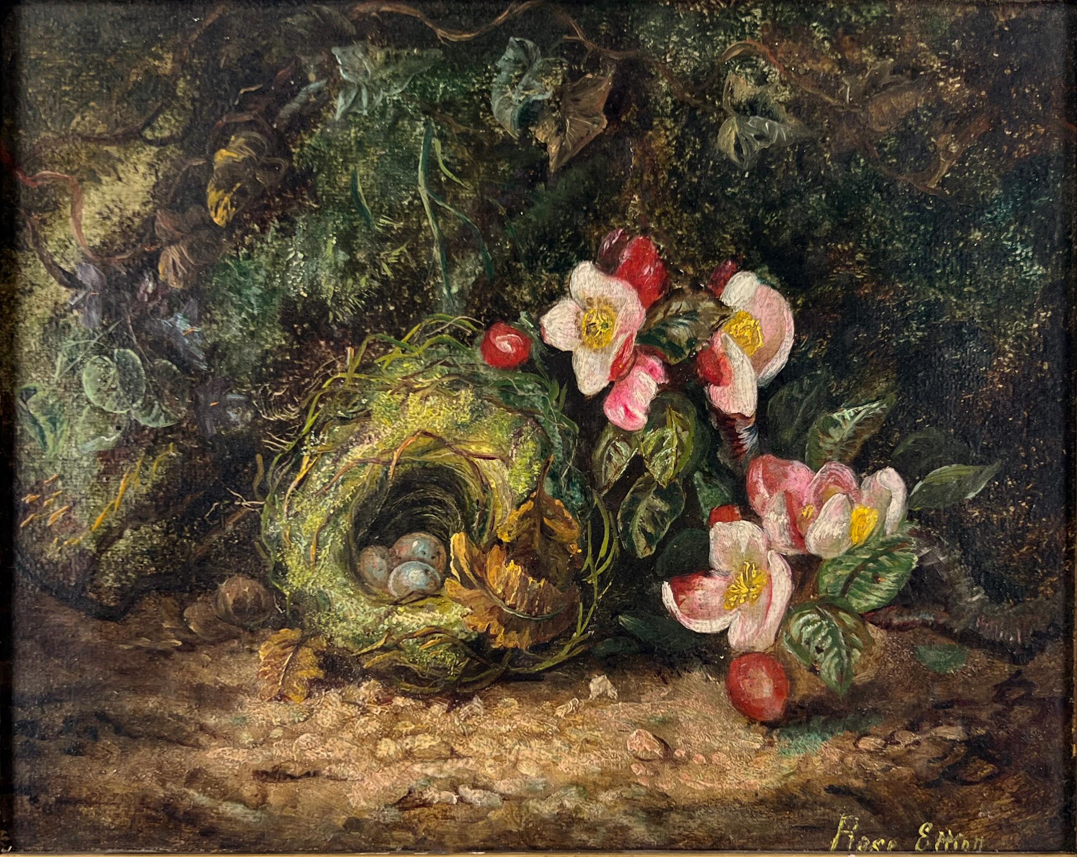 Nid d'oiseau et fleurs de pommier Huile sur lin Gumps S.F. Store 1900 par Rose Elliot en vente 3