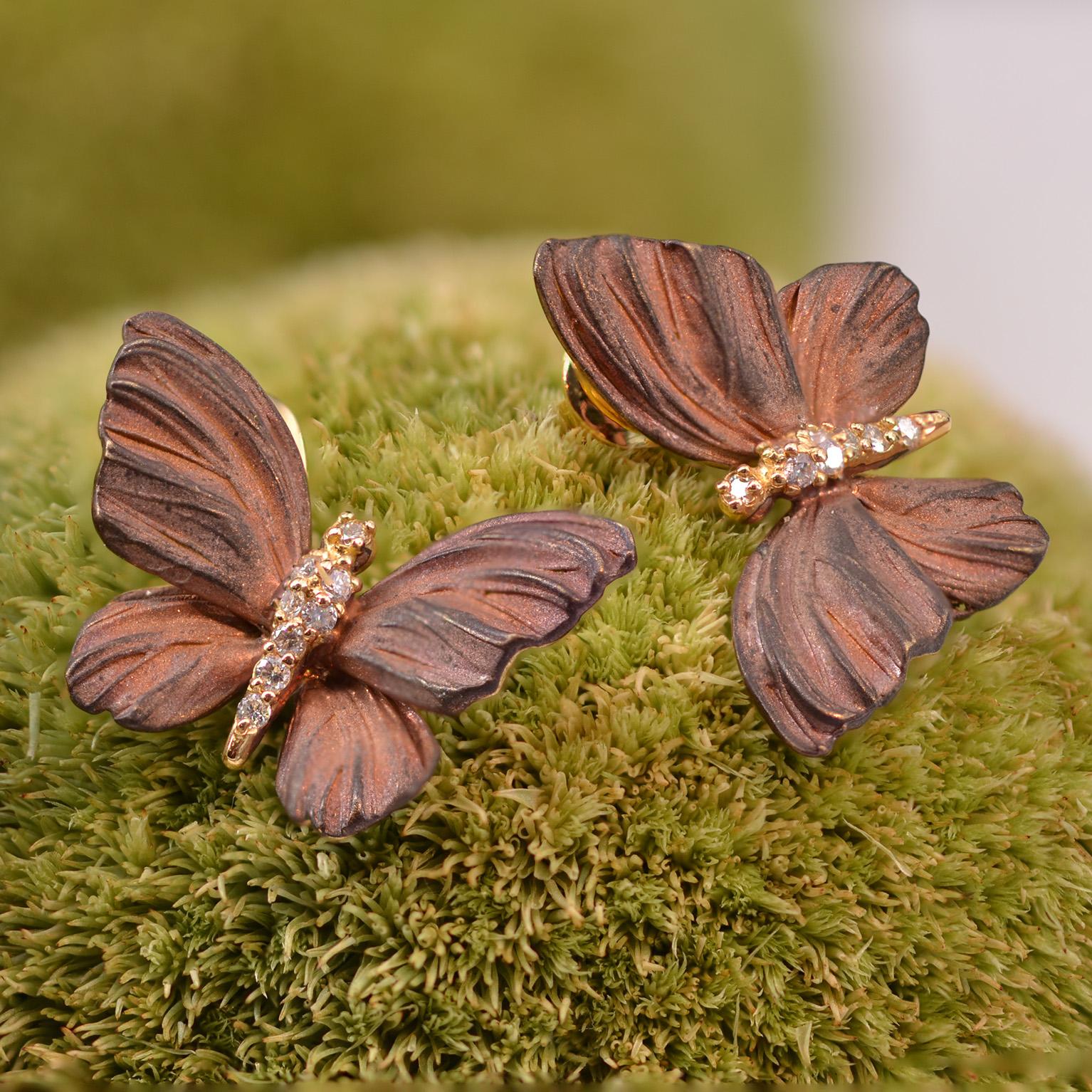 Rose Enamel Diamond Gold Butterfly Earrings For Sale 7