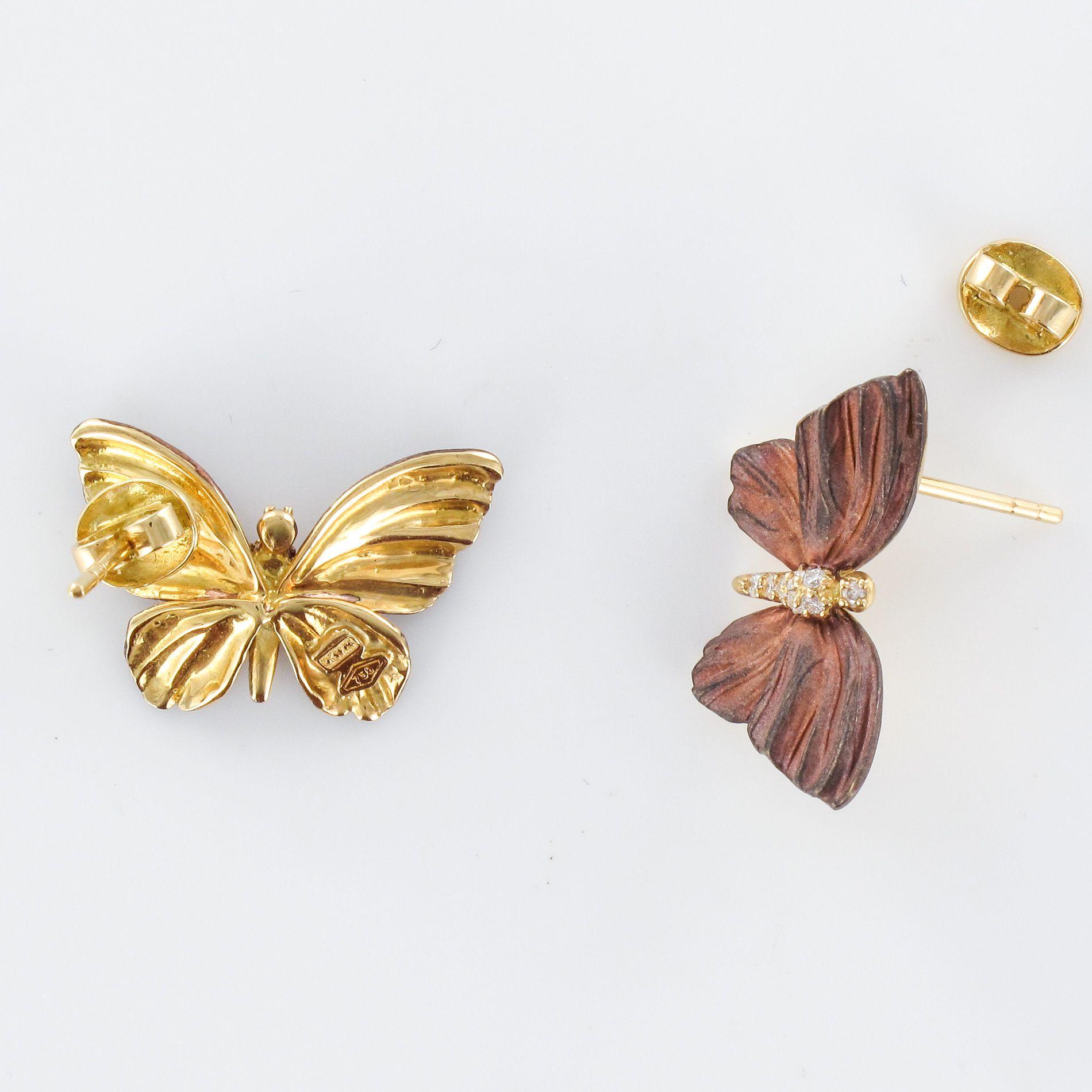 Rose Enamel Diamond Gold Butterfly Earrings For Sale 2