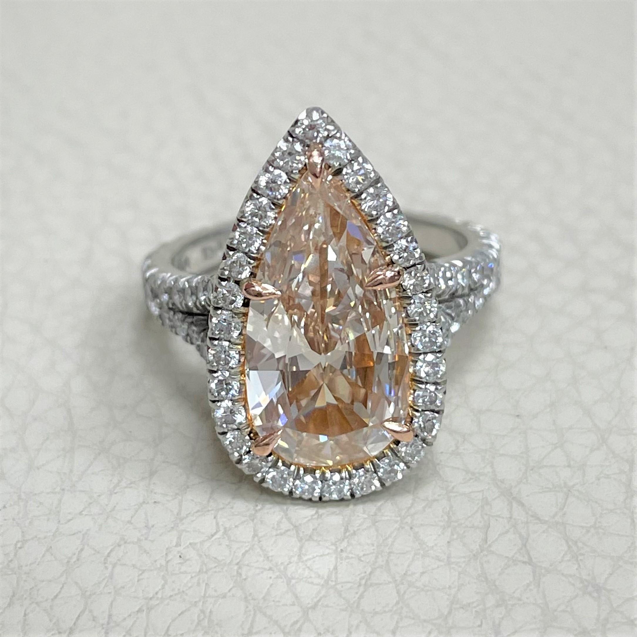 Pear Cut Rose Engagement Ring 3.03 Ct Brownish Orange VS1 Diamond in Platinum