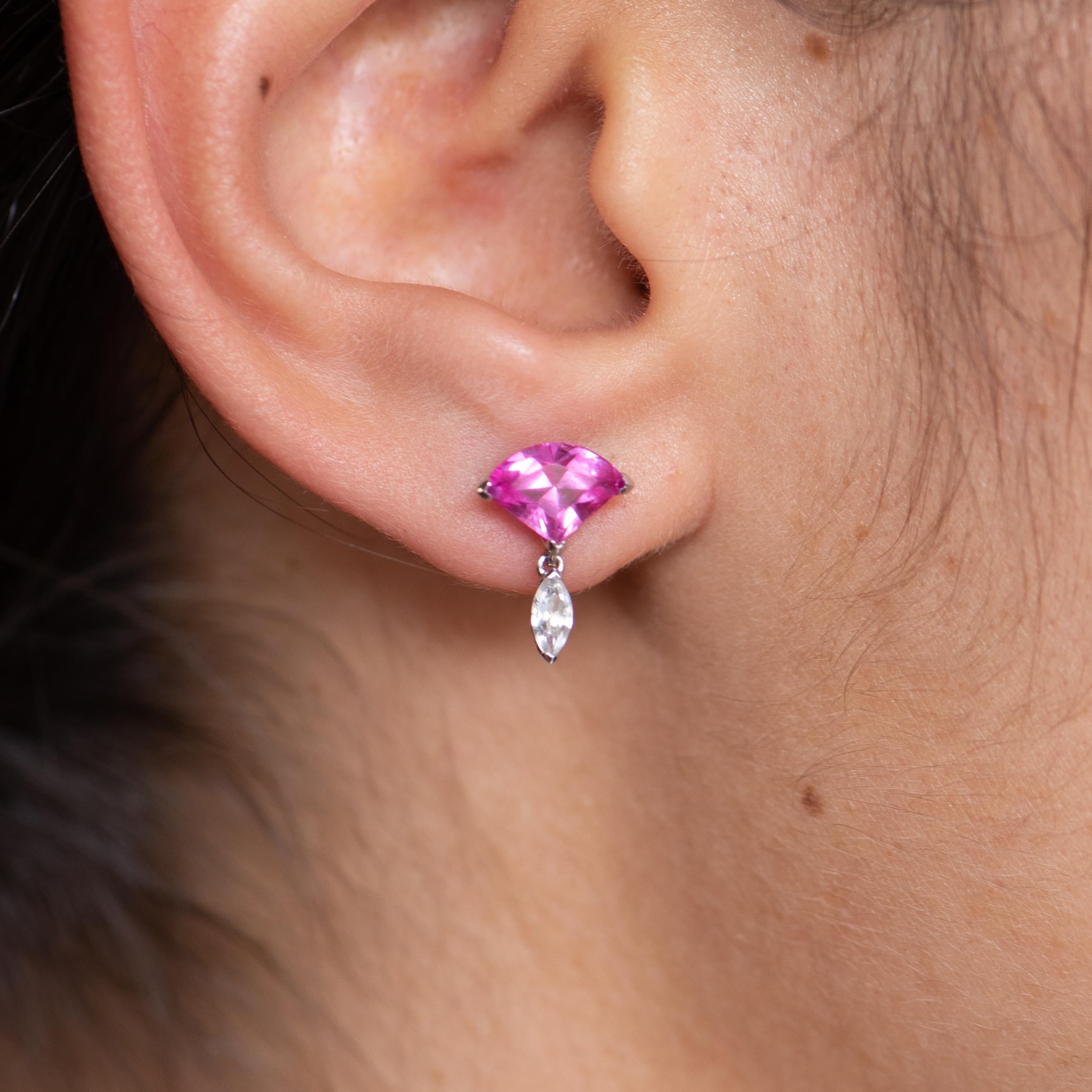 Mixed Cut Rose Fan Drop Pink Sapphire & White Marquise Earrings, 14kt For Sale
