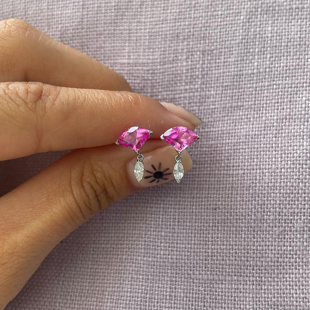 Women's Rose Fan Drop Pink Sapphire & White Marquise Earrings, 14kt For Sale