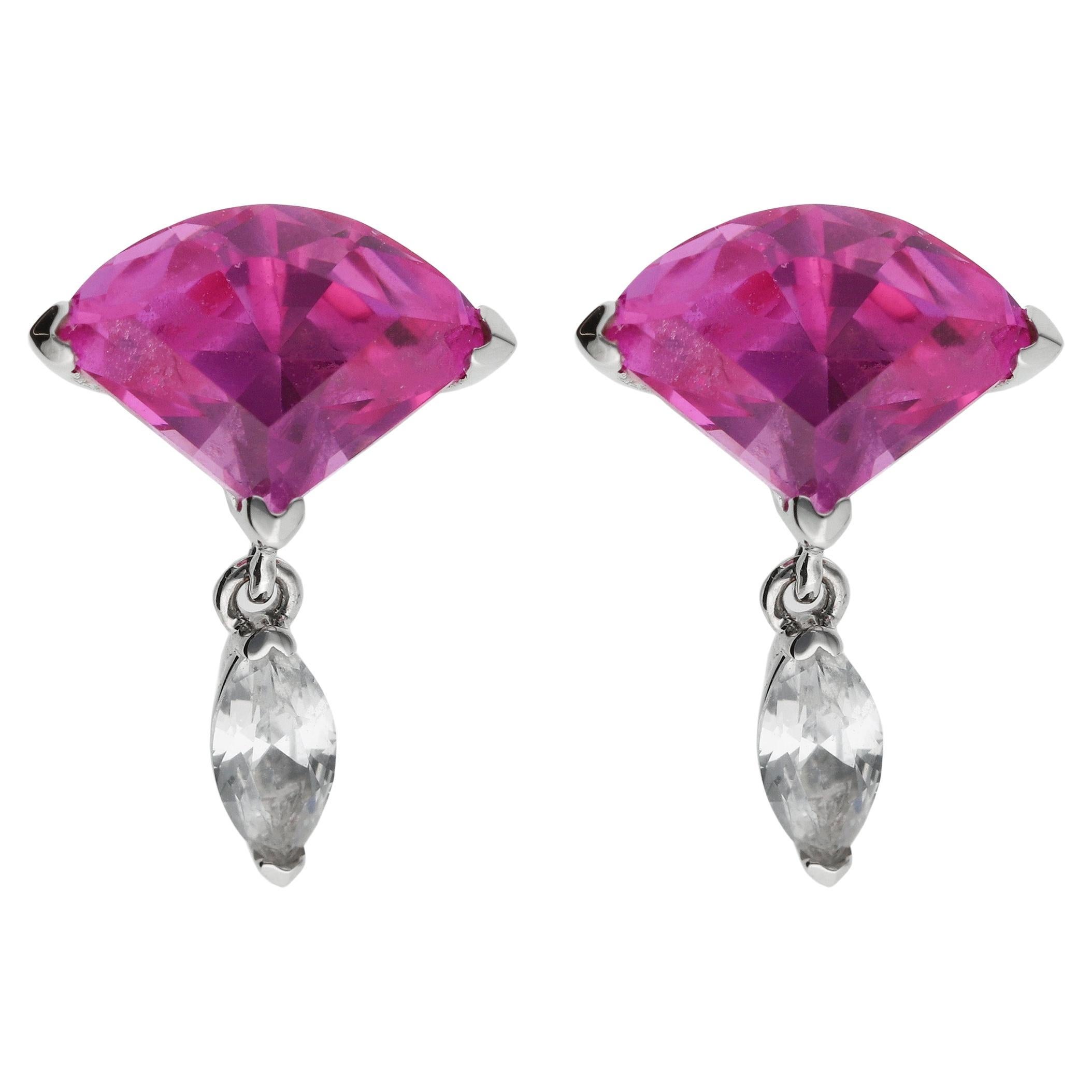 Rose Fan Drop Pink Sapphire & White Marquise Earrings, 14kt