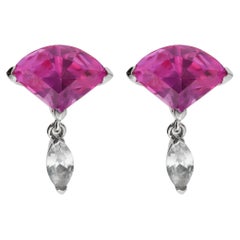 Rose Fan Drop Pink Sapphire & White Marquise Earrings, 14kt