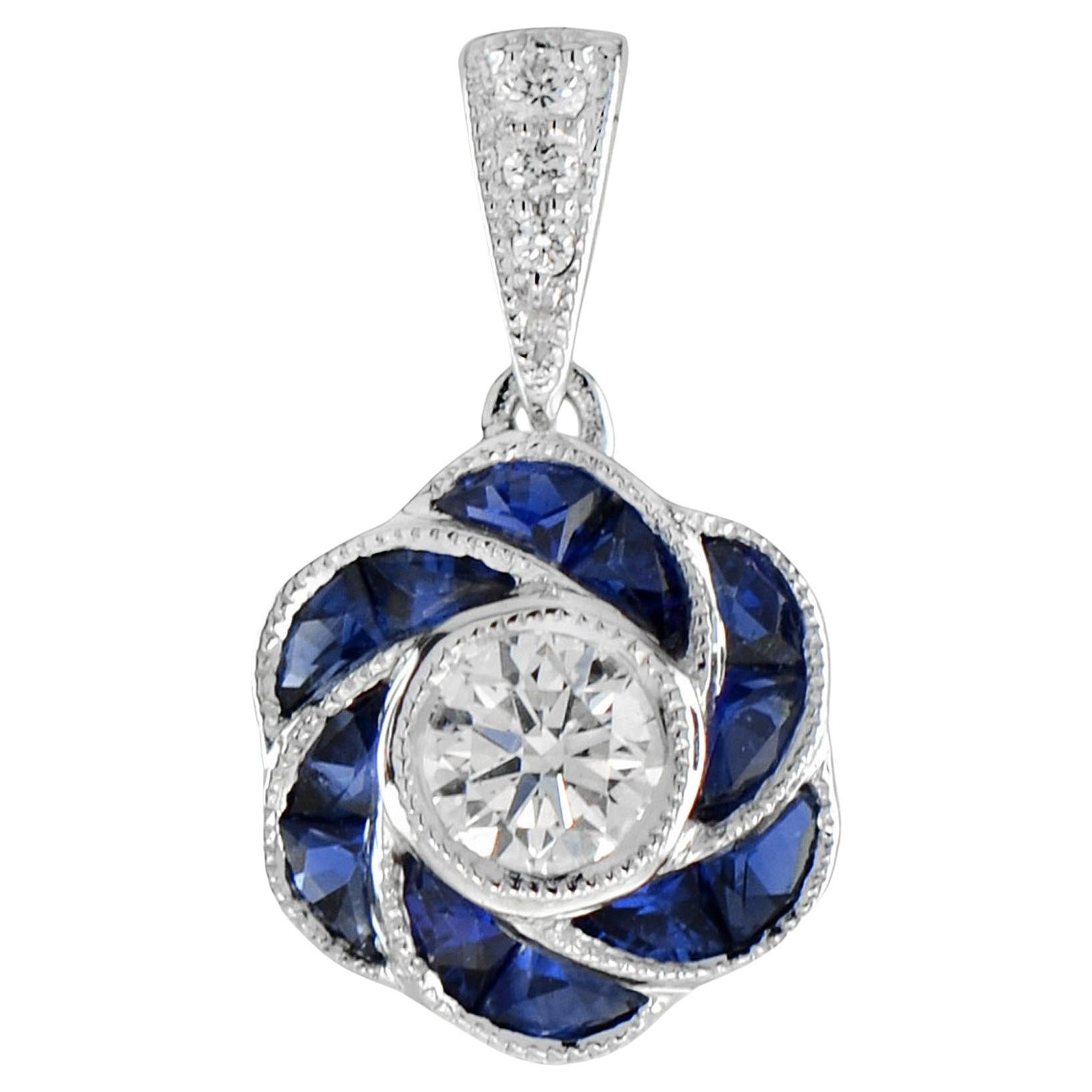 Rose Floral Flower Petal Round Diamond & French Cut Blue Sapphire W Gold Pendant