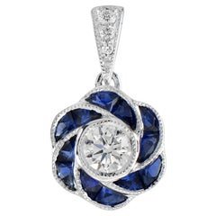 Rose Floral Flower Petal Round Diamond & French Cut Blue Sapphire W Gold Pendant
