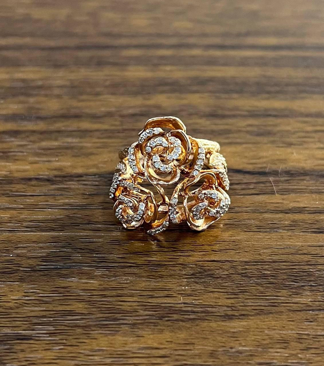 Women's Rose Floral Flower Petals Diamond Pave Set 14K Rose Gold Cocktail Ring For Sale