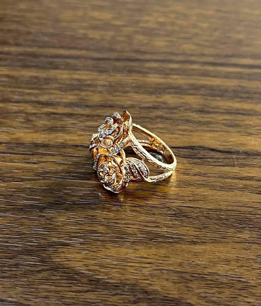 Rose Floral Flower Petals Diamond Pave Set 14K Rose Gold Cocktail Ring For Sale 1