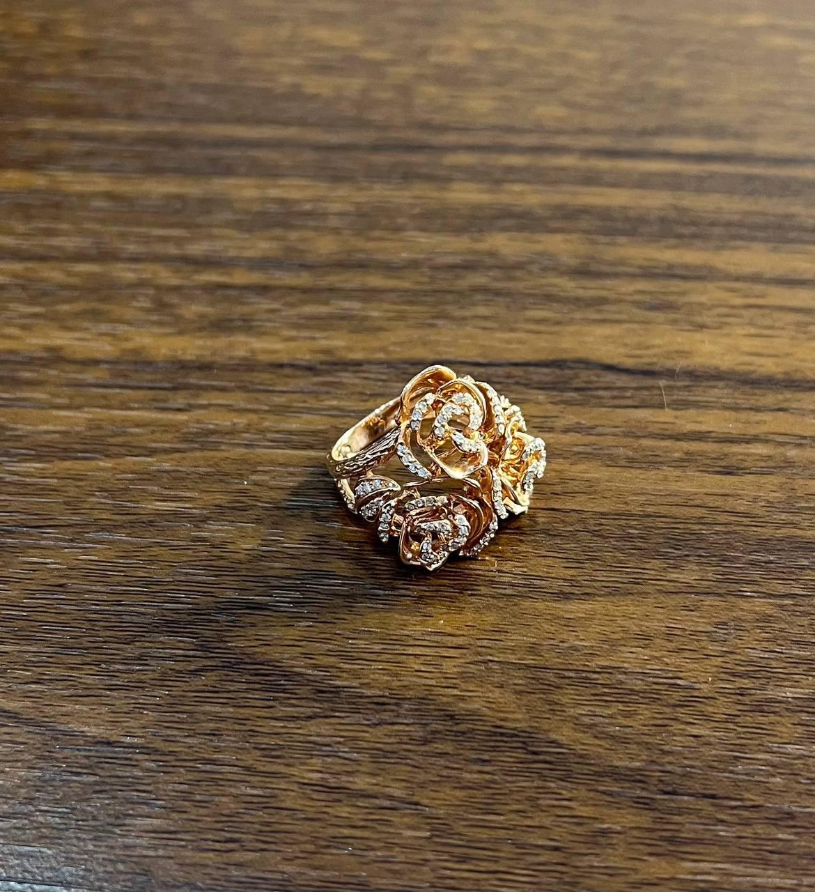 Rose Floral Flower Petals Diamond Pave Set 14K Rose Gold Statement Romantic Ring For Sale 1