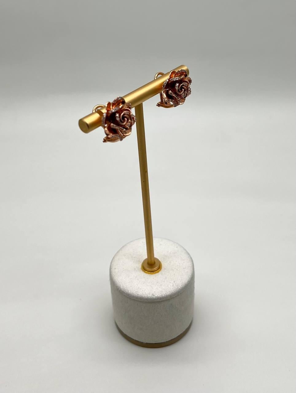 Mixed Cut Rose Floral Flower Petals Diamond Pave Set 14K Rose Gold Stud Earrings For Sale
