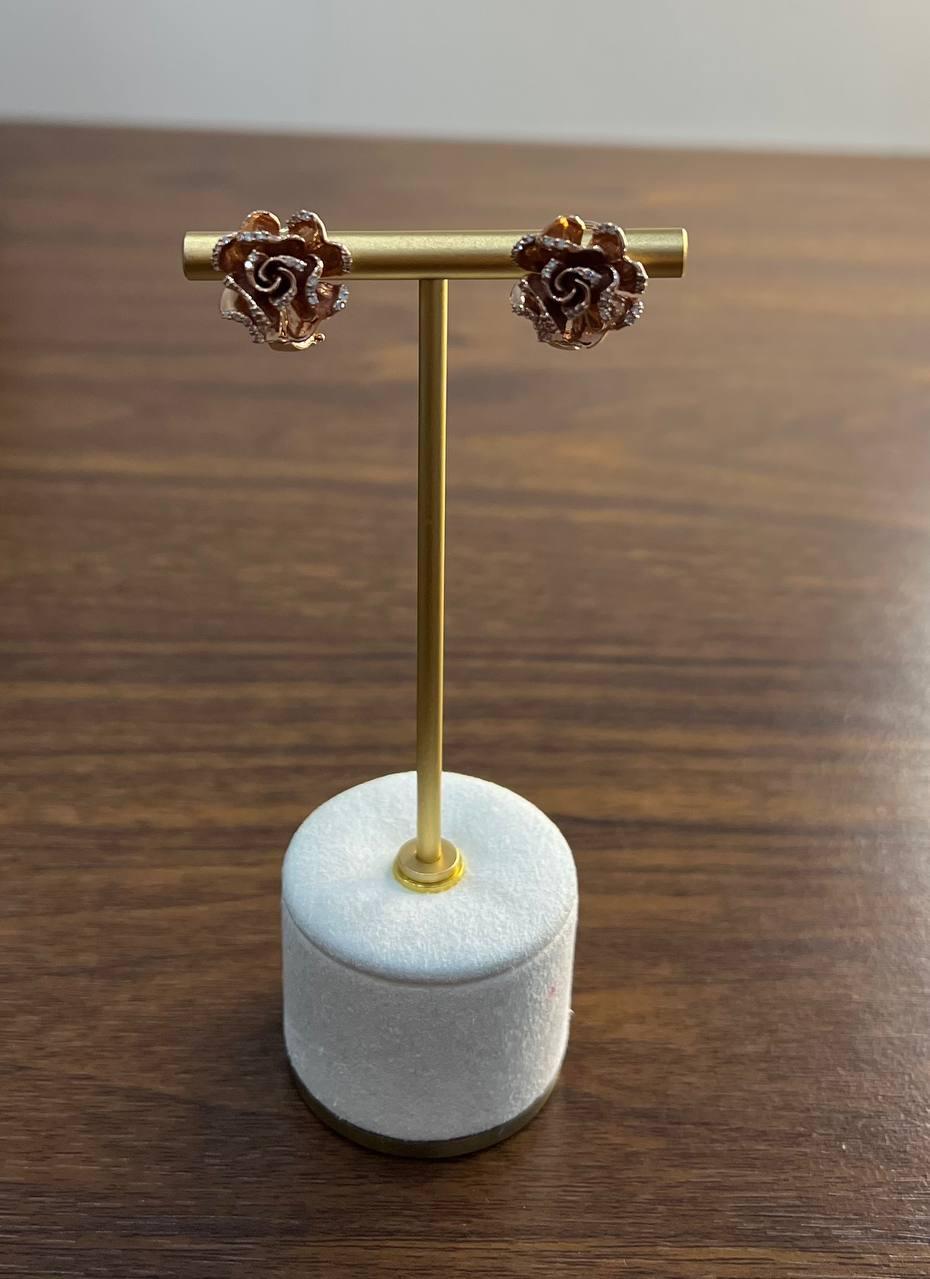 Rose Floral Flower Petals Diamond Pave Set 14K Rose Gold Stud Earrings For Sale 1