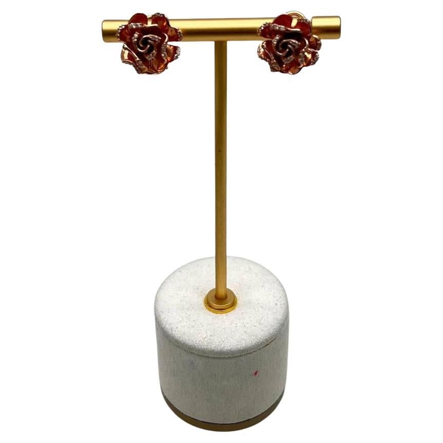 Rose Floral Flower Petals Diamond Pave Set 14K Rose Gold Stud Earrings