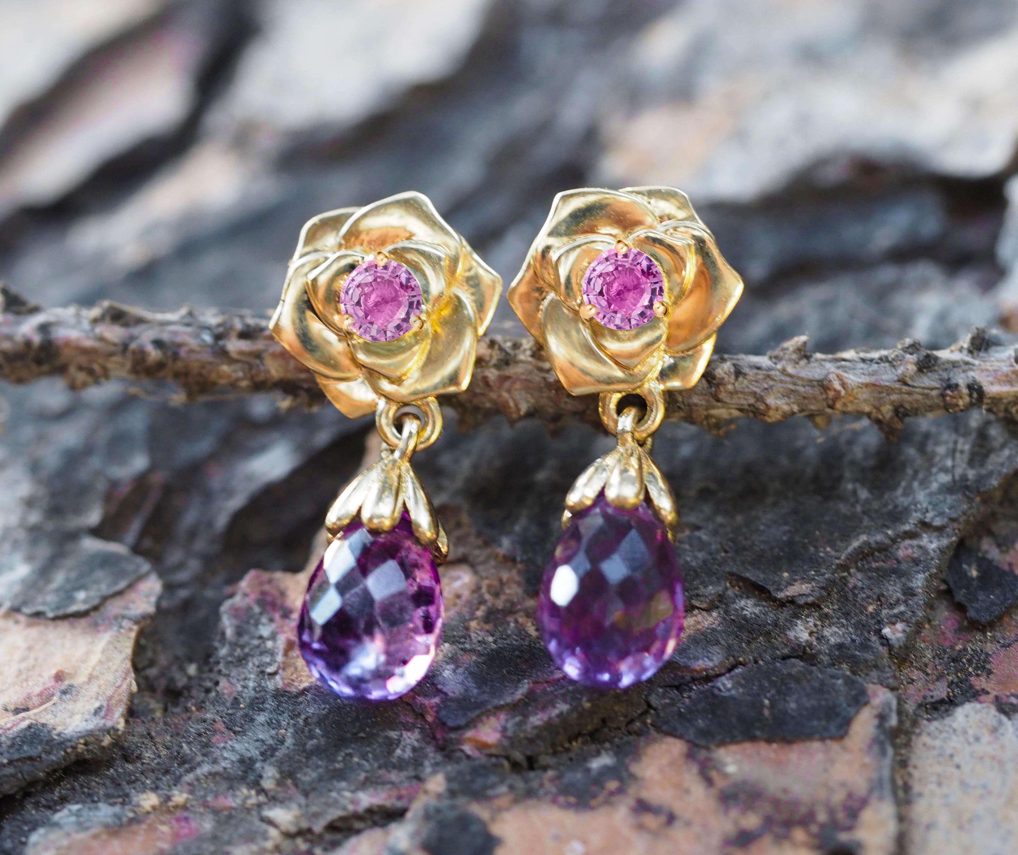 Rose flower 14k gold earrings studs. 
Pink sapphire, amethyst earrings. Briolette amethyst earrings. Drop amethyst earrings.

Weight: 2.65 g
Gold - 14 kt gold marked
Size: 18.5x8.1 mm.

Main stones: Amethysts - 2 pieces (2 x 1.2 ct)
Briolette shape,