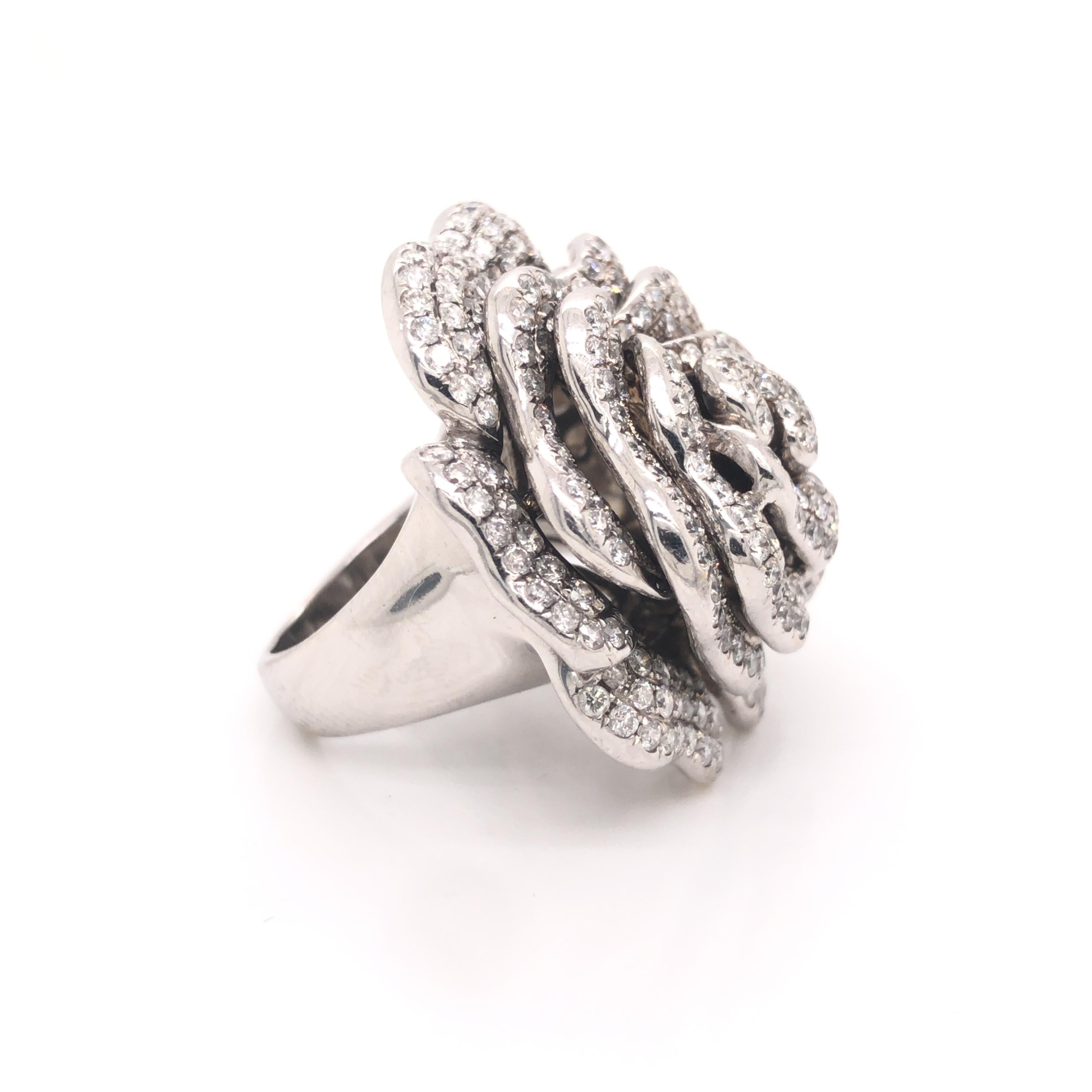 Art Deco Rose Flower Diamond Cocktail Ring 18k White Gold