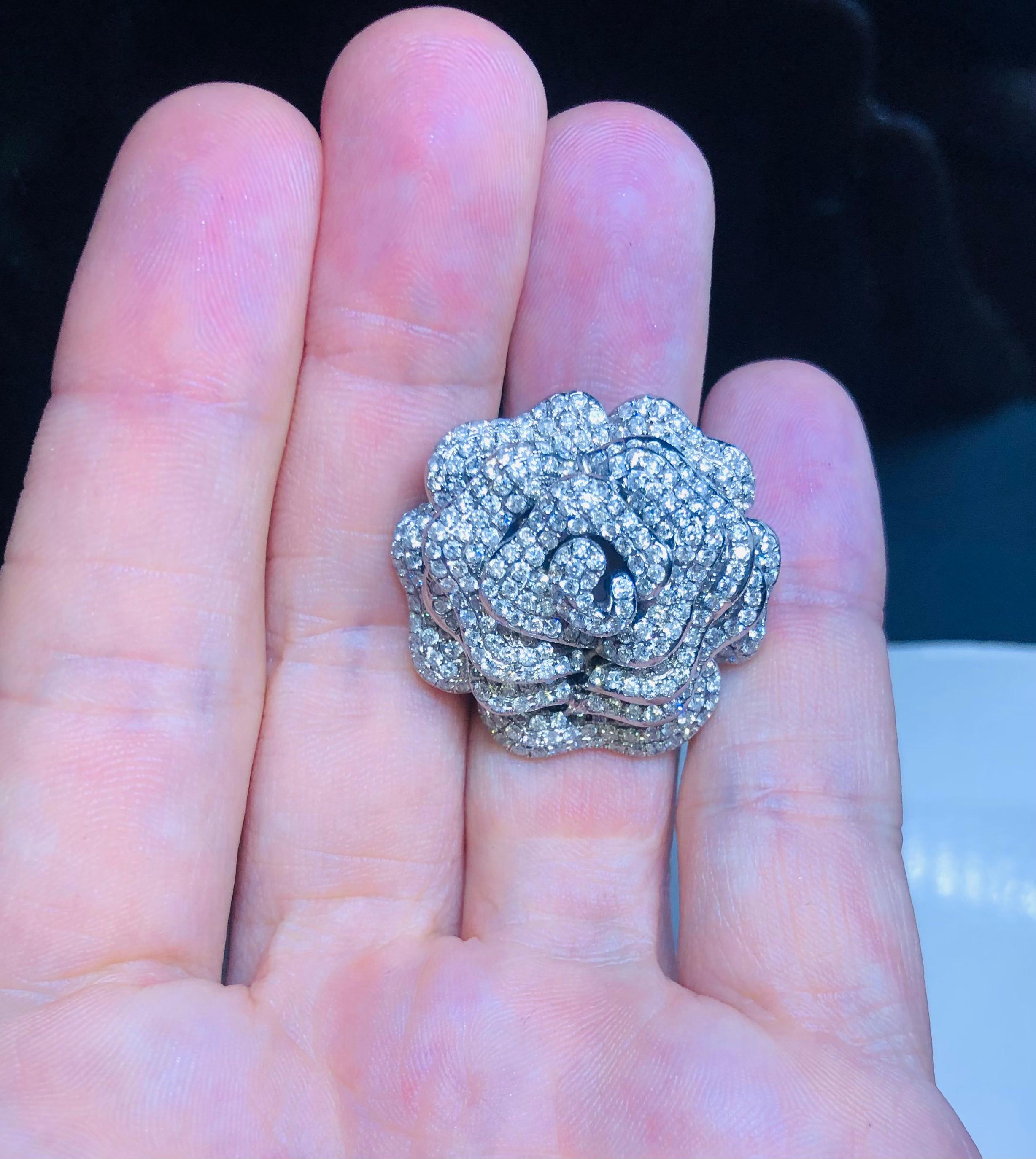 Women's or Men's Rose Flower Diamond Cocktail Ring 18k White Gold