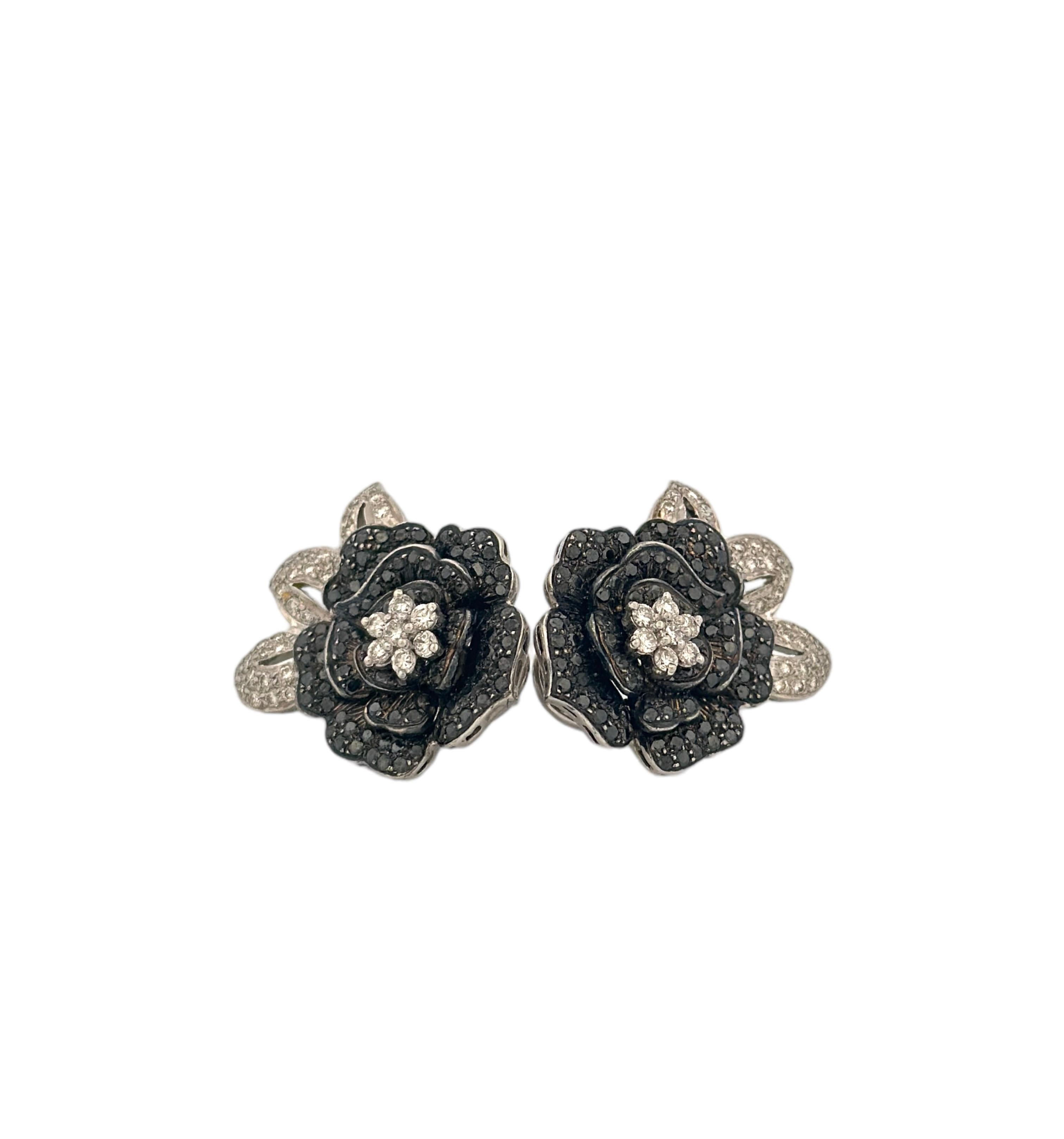 Retro Rose Flower Shaped Fancy Black & White Diamond Earrings For Sale