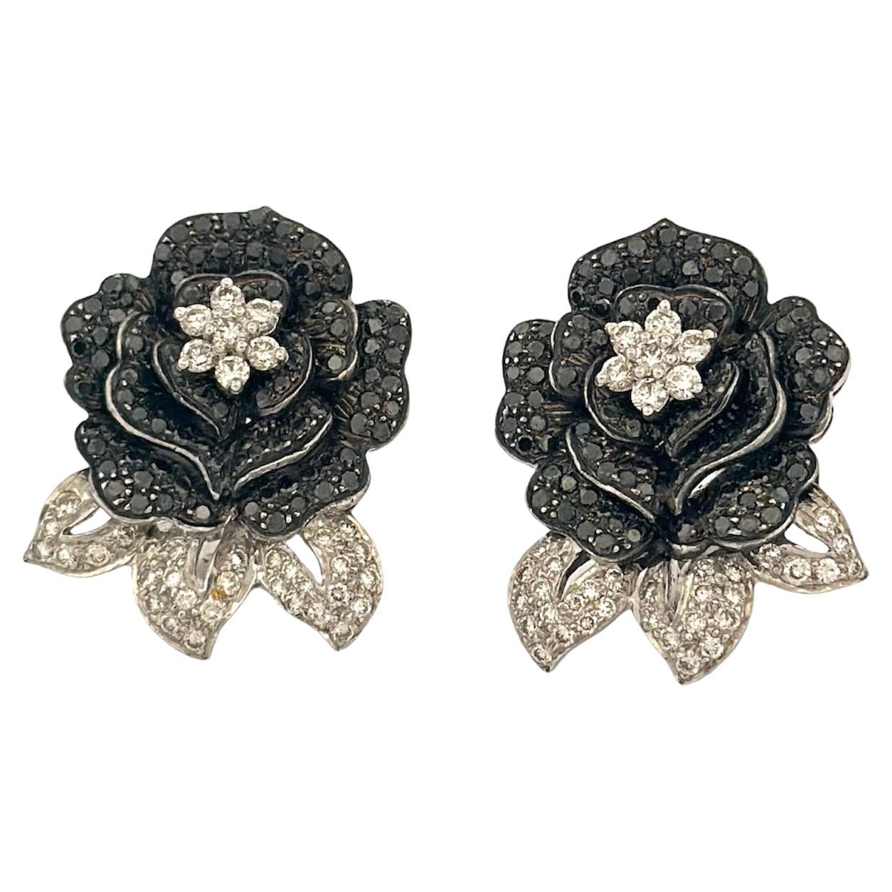 Rose Flower Shaped Fancy Black & White Diamond Earrings
