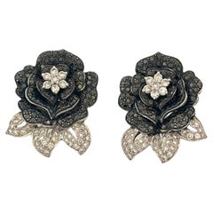 Vintage Rose Flower Shaped Fancy Black & White Diamond Earrings