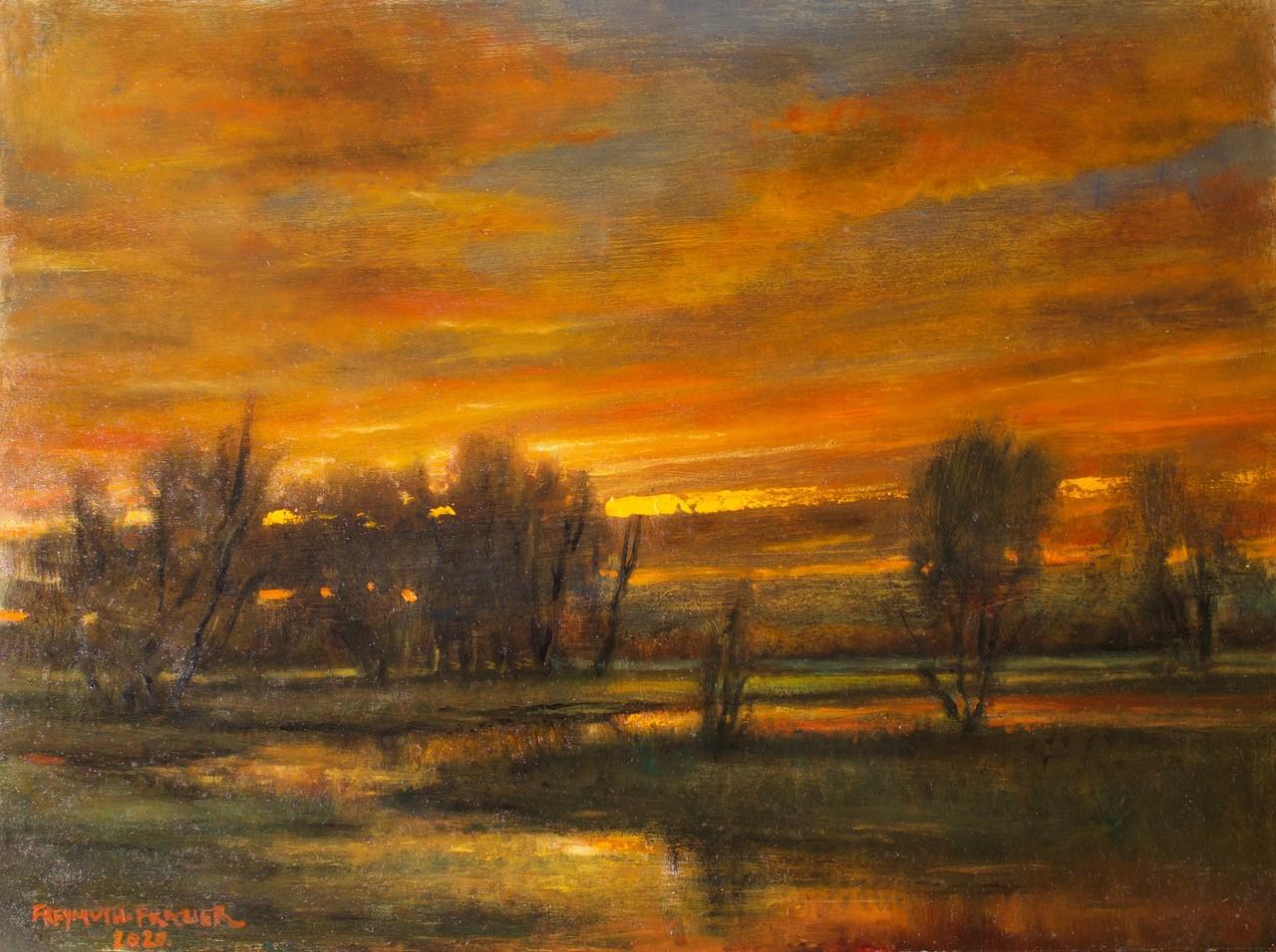 Rose Freymuth-Frazier Landscape Painting - Afterglow - Original Oil Painting with Setting Sun Reflecting Romantic Colors