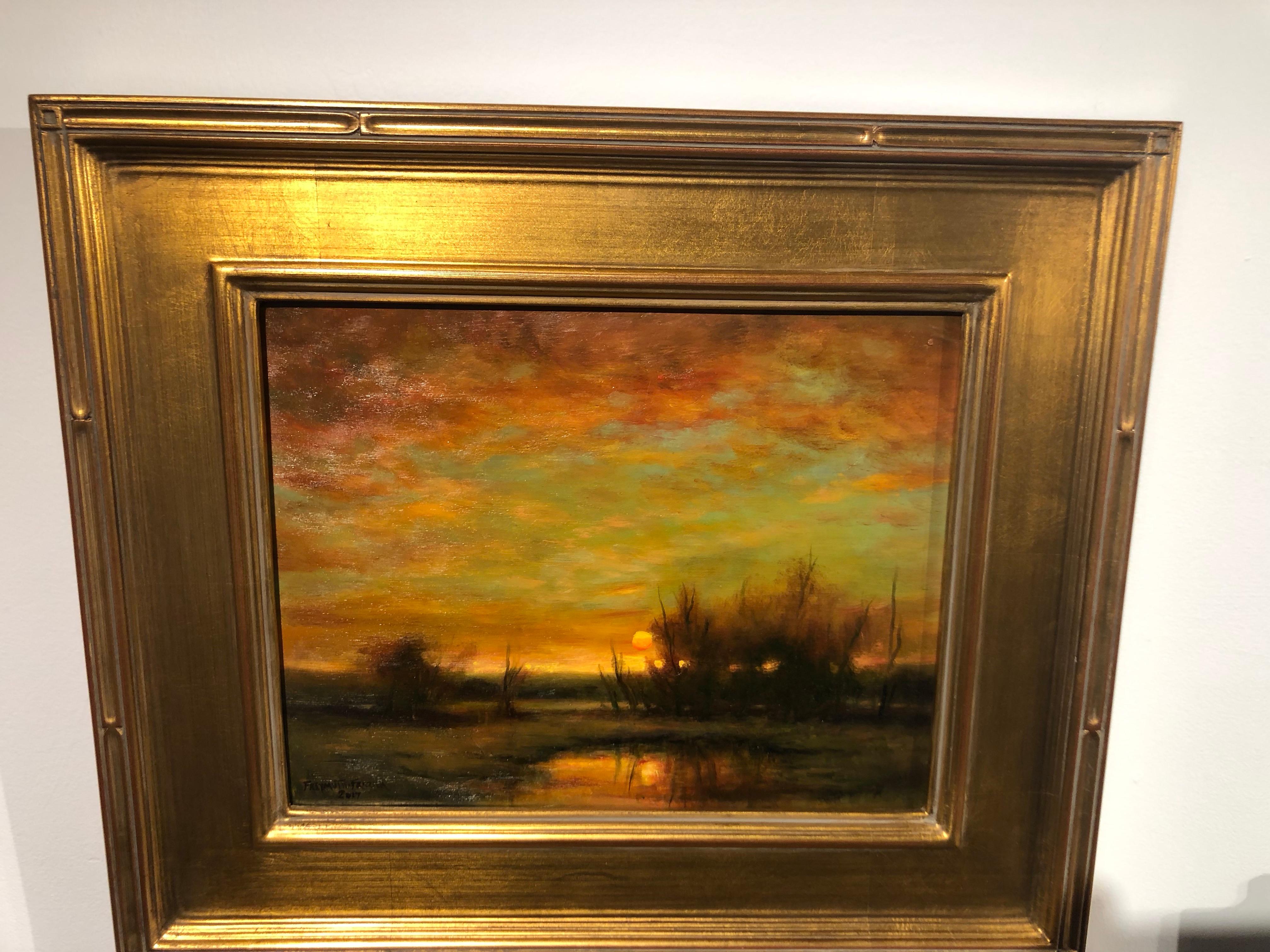 This beautiful painting depicts light passing through clouds in a romantic marsh setting.  The soft colors, gold, green orange and yellow envelop the scene.  Loose brush strokes and layers of paint give this scene depth and dimension.

Rose Freymuth