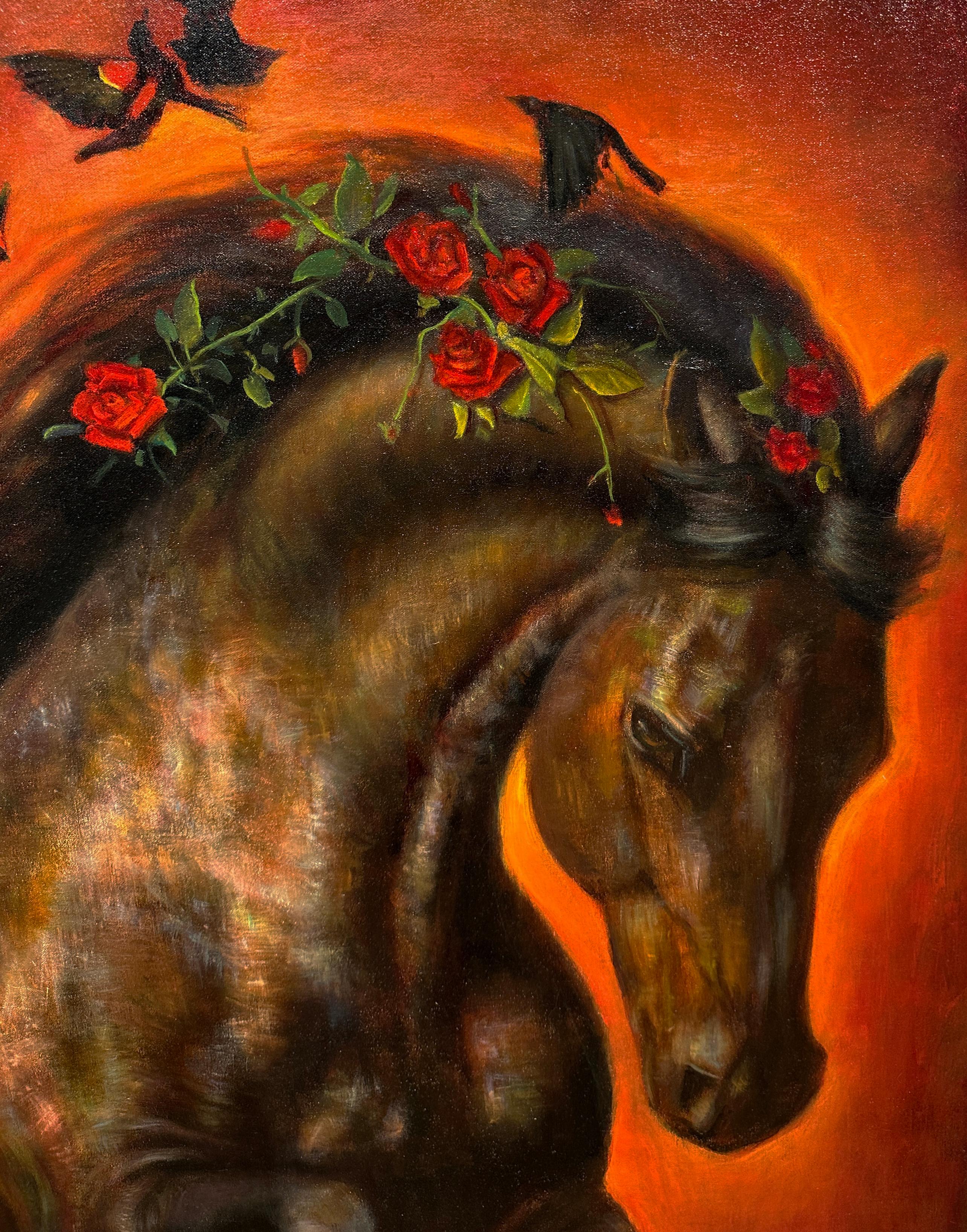 Burning Desire - Sable Mare avec fleurs et papillons et fond rose ambré - Contemporain Painting par Rose Freymuth-Frazier