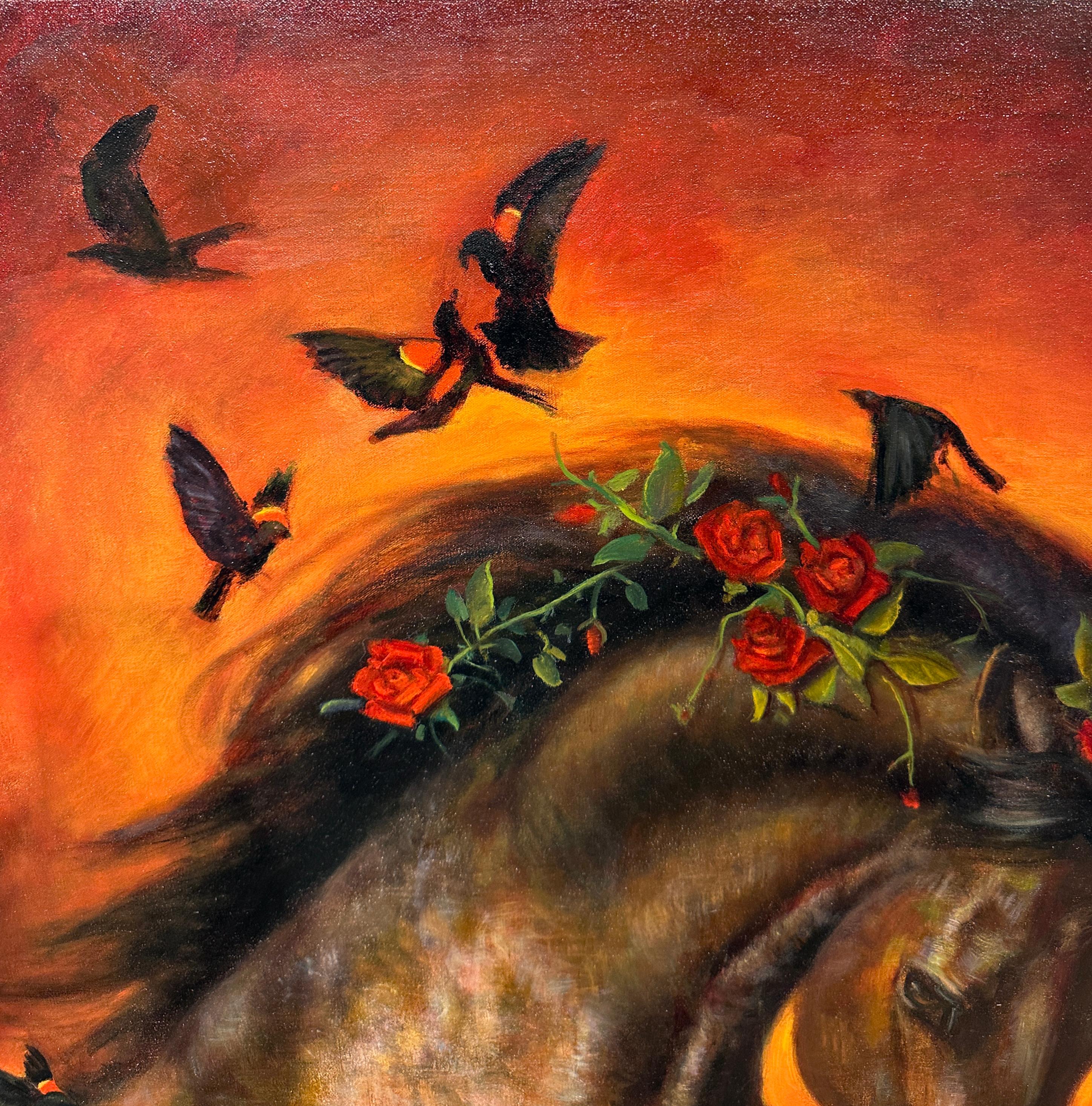 Burning Desire - Sable Mare avec fleurs et papillons et fond rose ambré - Marron Figurative Painting par Rose Freymuth-Frazier