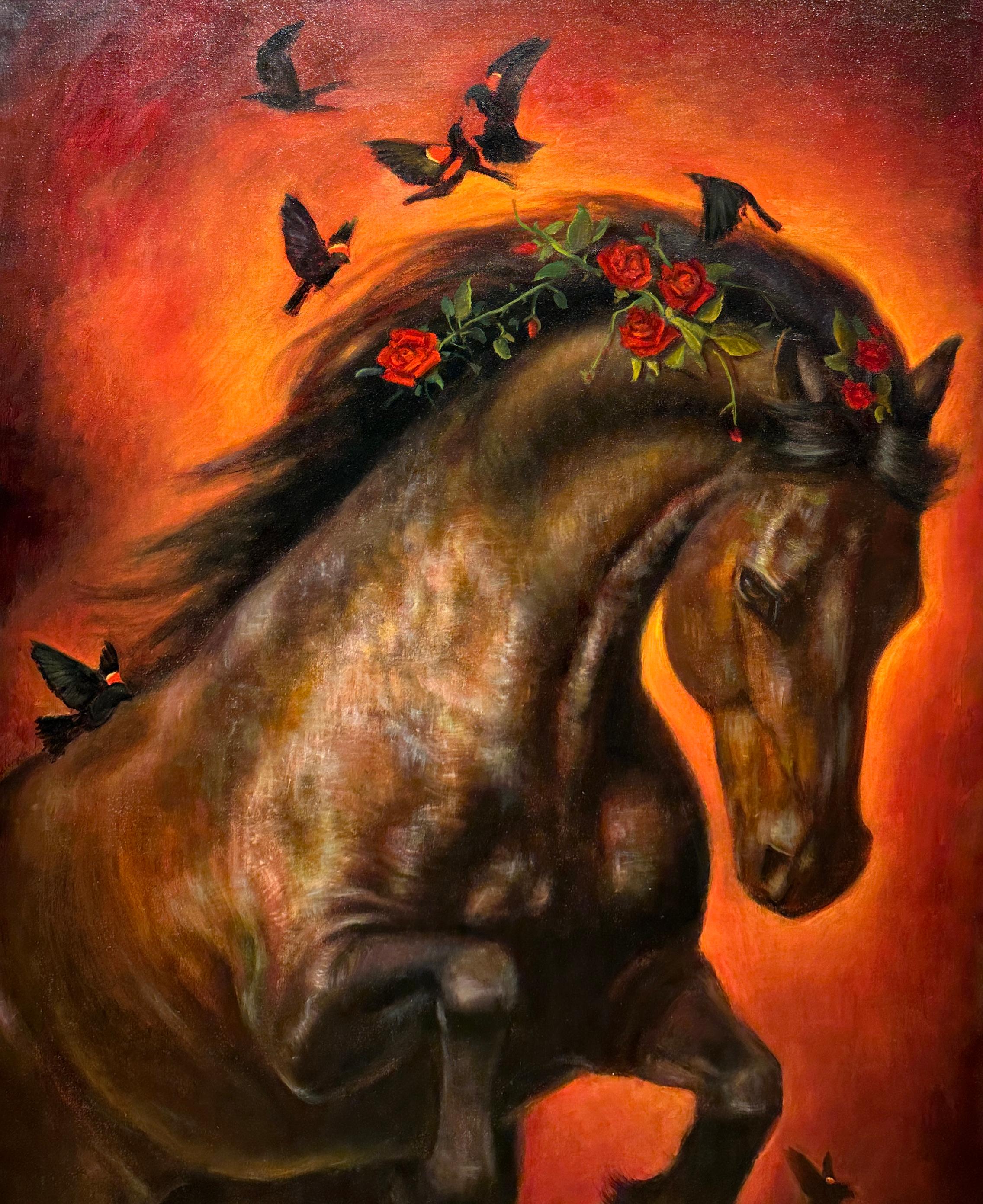 La cavalla color zibellino china la testa per permettere all'osservatore di vedere meglio la sua intricata criniera, arricchita da rose rosse.  Intorno a lei volteggiano uccelli neri dalle ali rosse, simbolo di protezione, fortuna e persino